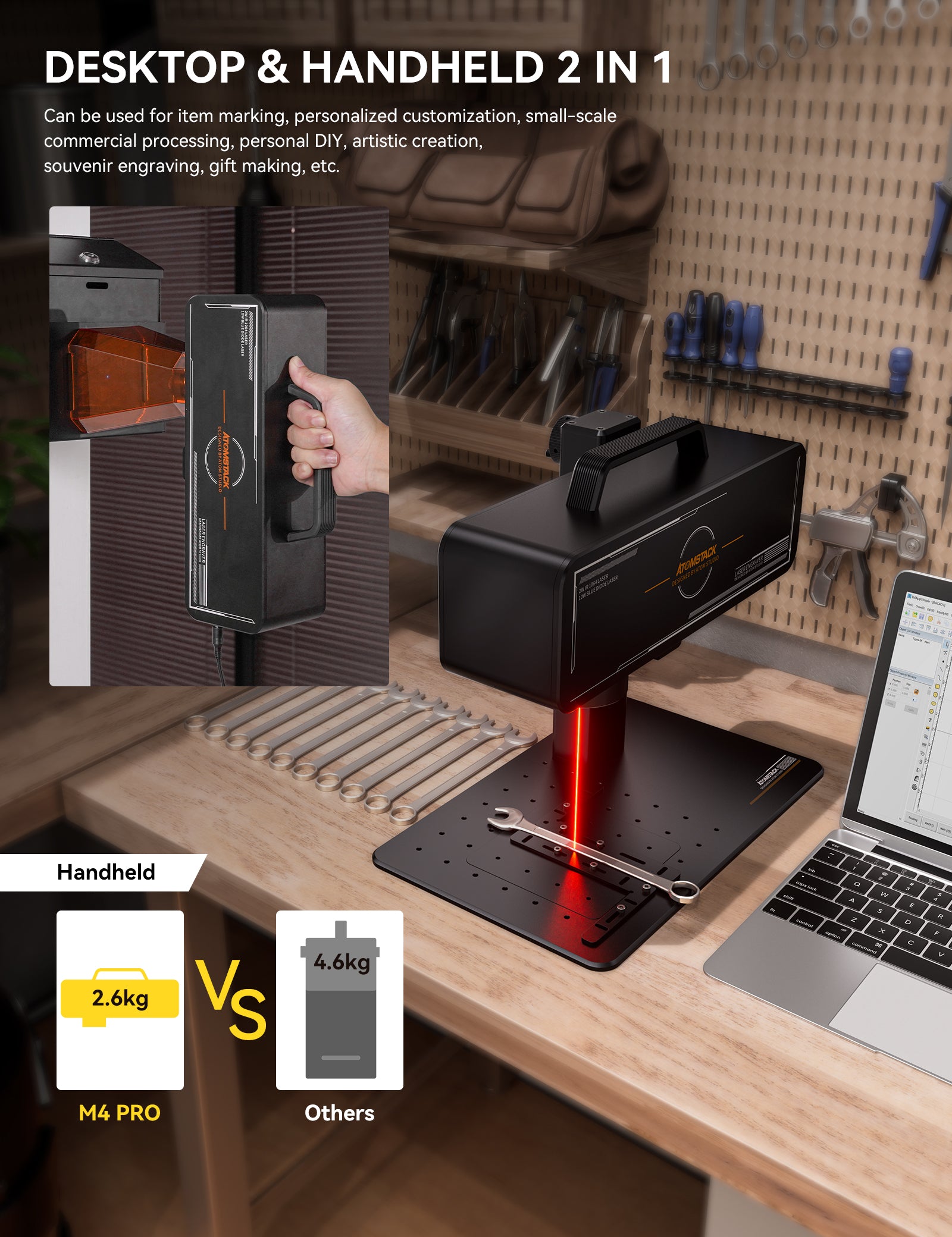 Atomstack M4 PRO Dual Laser Blue Diode Infrared Laser Desktop Handheld 2-In-1 Fiber Laser Marking Machine