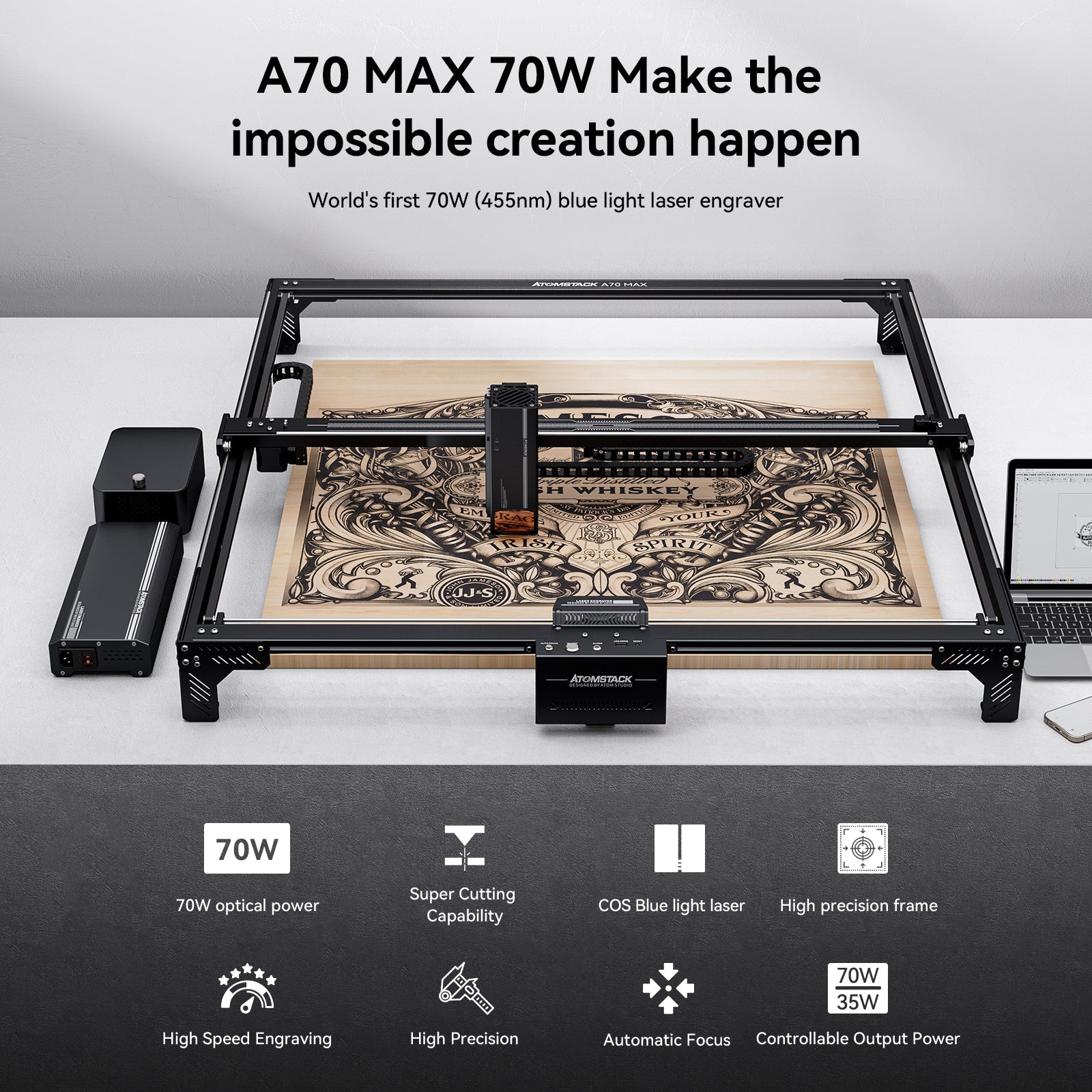 ATOMSTACK A70 X70 MAX 70W Desktop Diode Laser Engraver Auto Focus Metal Acrylic Wood Cutting Engraving Machine 850*800mm Large Area