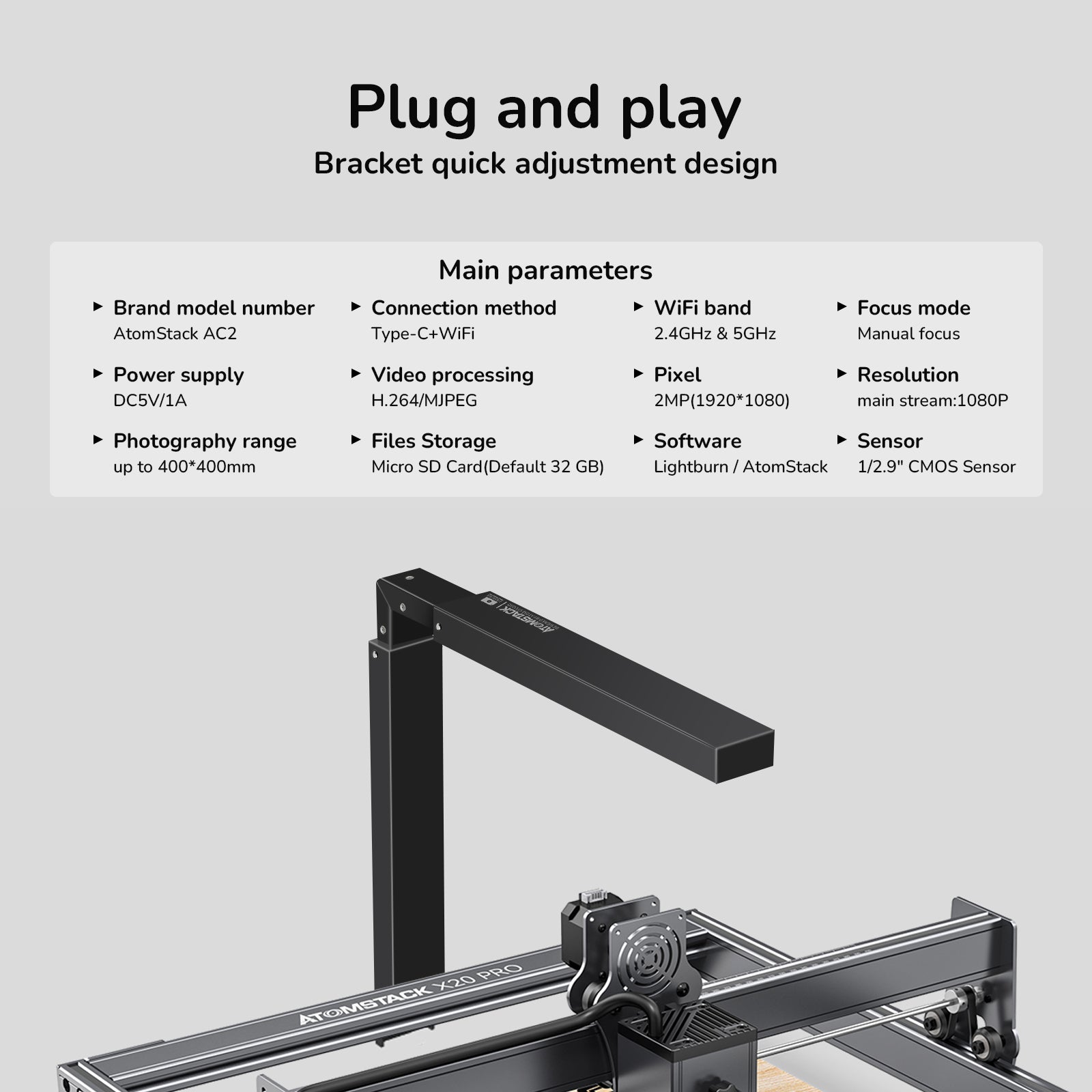 ATOMSTACK AC2 LightBurn Camera For Laser Engraving Machines 1080P HD Video Visual Preview WiFi Connection Real-Time Remote Monitoring Precise Positioning 32GB Memory Card