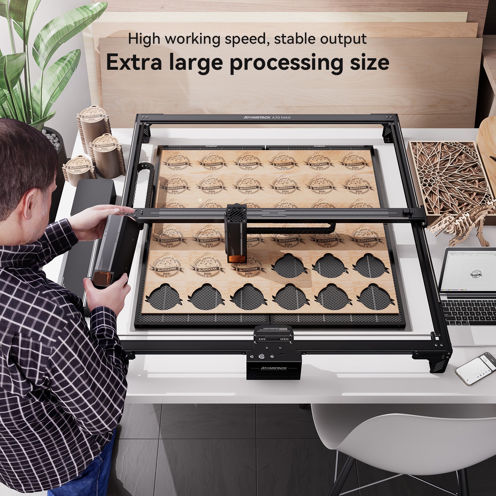 ATOMSTACK A70 X70 MAX 70W Desktop Diode Laser Engraver Auto Focus Metal Acrylic Wood Cutting Engraving Machine 850*800mm Large Area