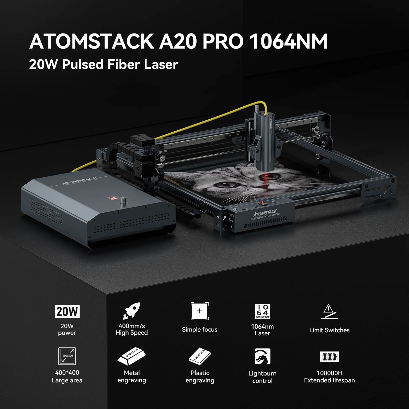 AtomStack A20 Pro 1064nm Infrared Laser Maker 20W Fiber Deep Laser Marking Engraving Machine Metal Cutting Rust Removal 40x40cm