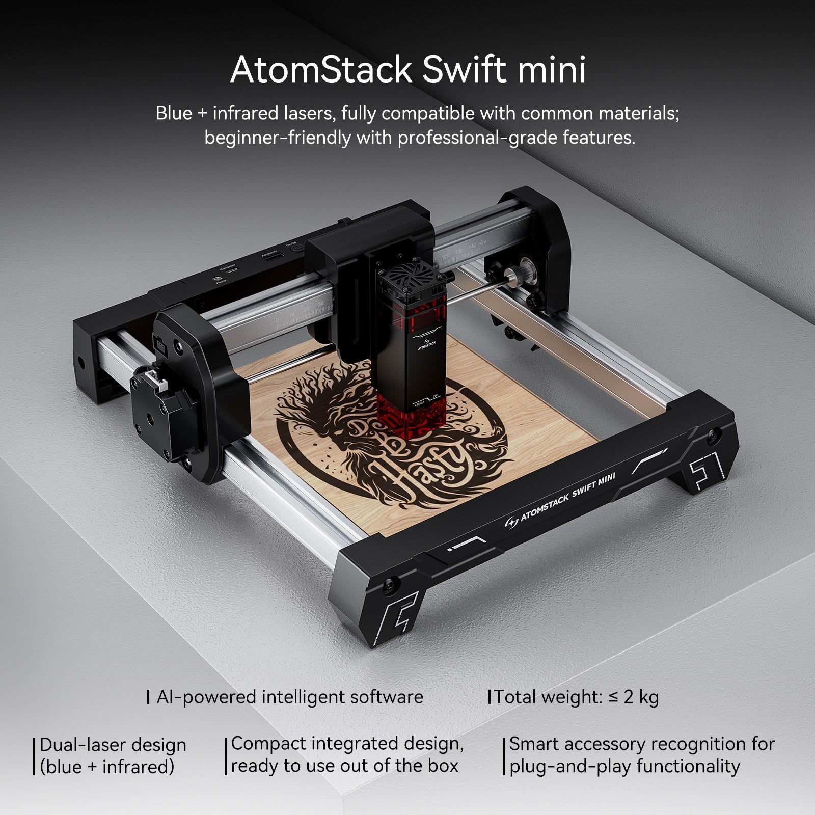 ATOMSTACK Swift Mini Laser Engraver for Beginners 3000mW Output Laser Cutter Desktop Portable Engraving Machine for Wood T-Shirt