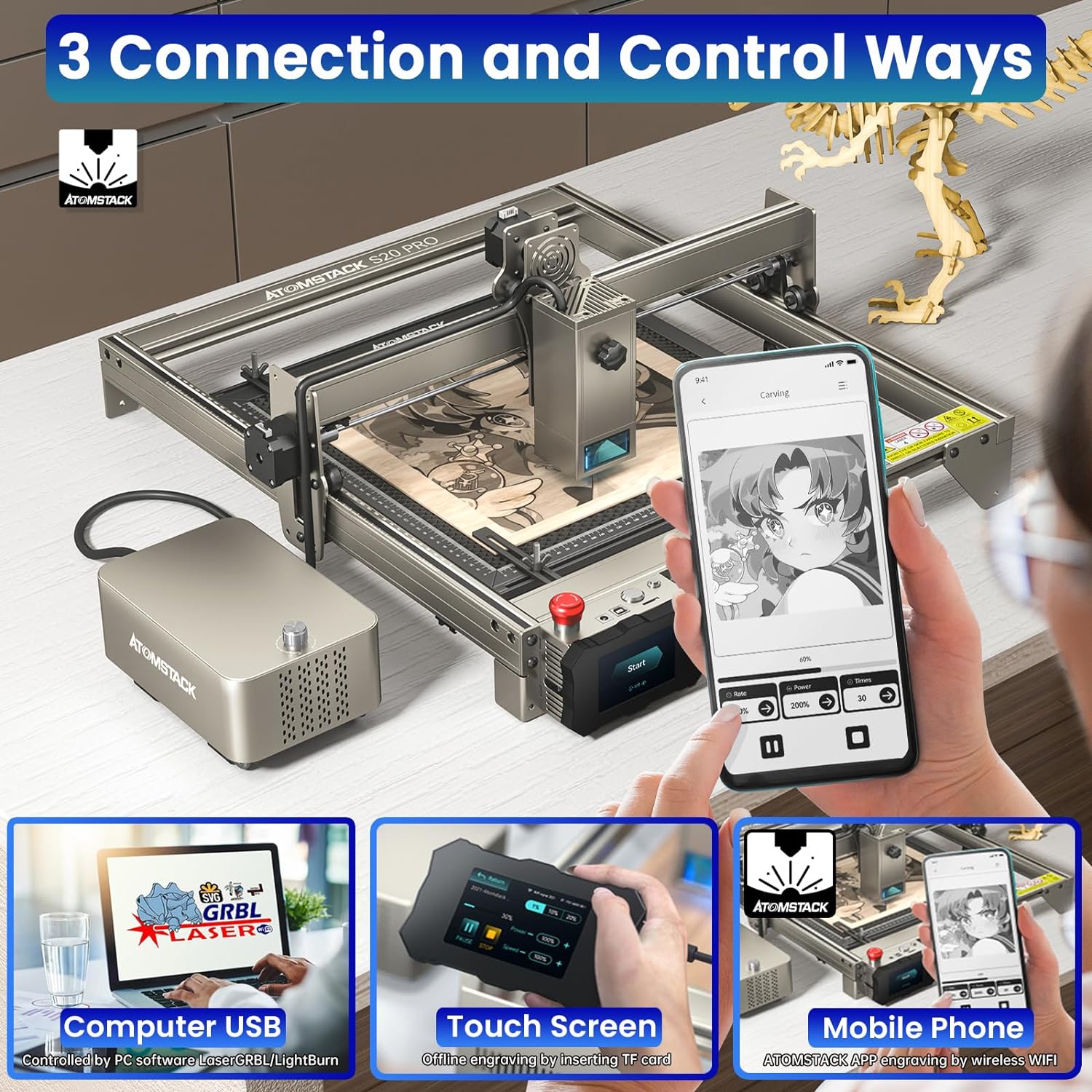 ATOMSTACK S20 PRO A20 PRO X20 PRO Laser Engraver With Air Assist Kits, 130W Laser Engraving Cutting Machine, 20W Optical Power 0.08 * 0.1mm Compressed Spot Laser Cutter For Metal,Phone APP Touch Screen Offline Engraving