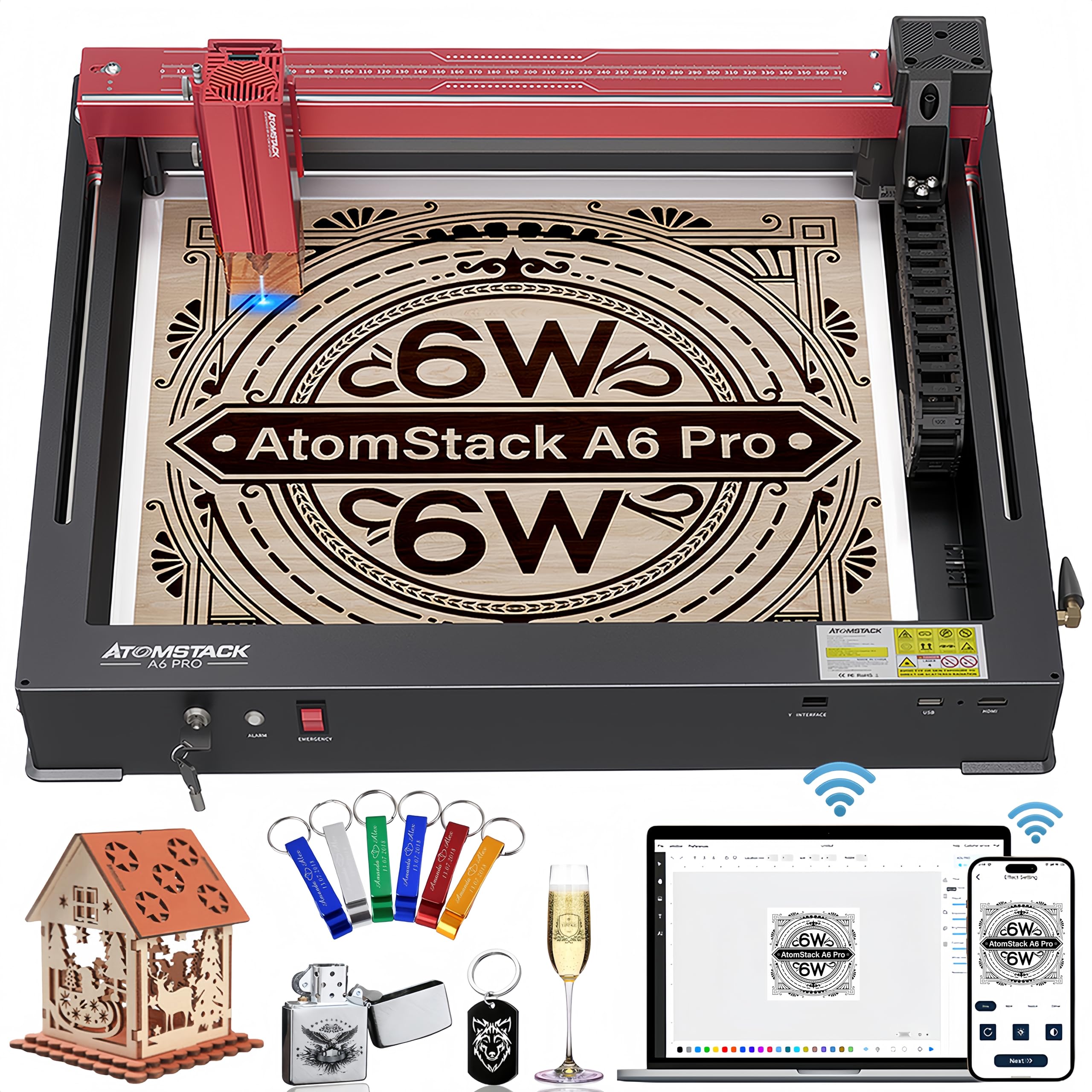 ATOMSTACK A6 Pro Laser Engraving Machine, Unibody Frame Design Installation Free, 6W Output Power Laser Cutter, Ultra-Fine Laser Engraver for Beginners, Home & Office Personalized DIY