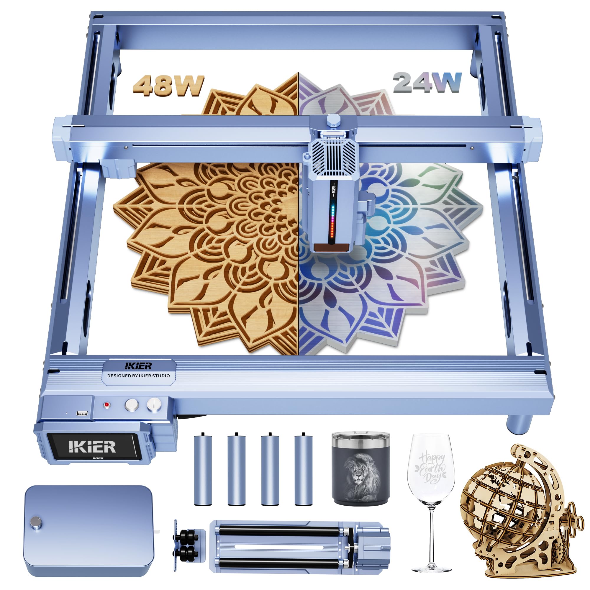 iKier K1 Pro Max Auto Focus Laser Engraving Machine and Laser Cutting with Power Circuit 24W/48W Two Mode Laser Engraver Built in Air Assist Compressor Pump With R2 Rotary Roller