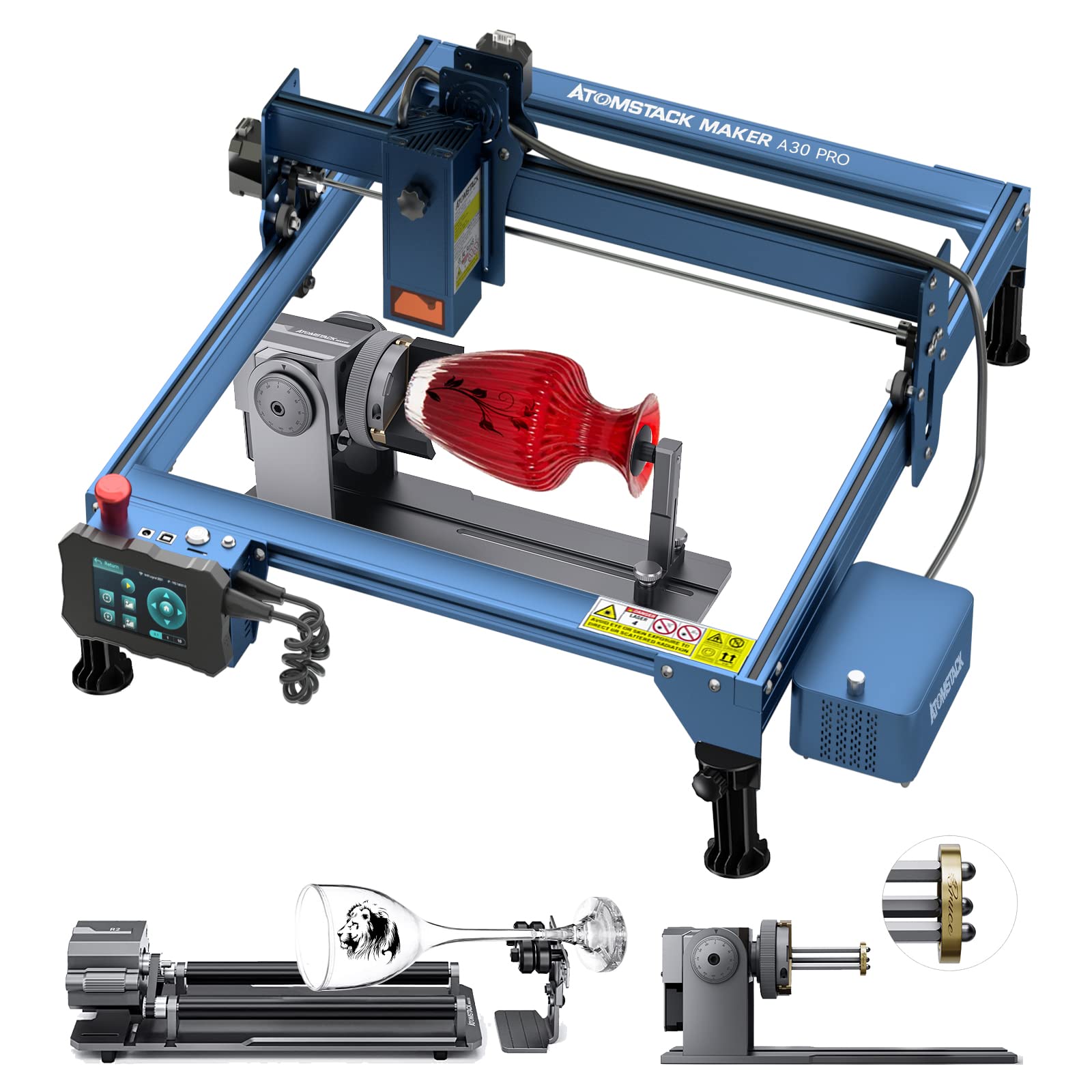 ATOMSTACK A30 X30 S30 PRO Laser Engraving Machine 160W With R1 PRO Rotary Roller Laser Drum With Risers For Rings Round Bottles