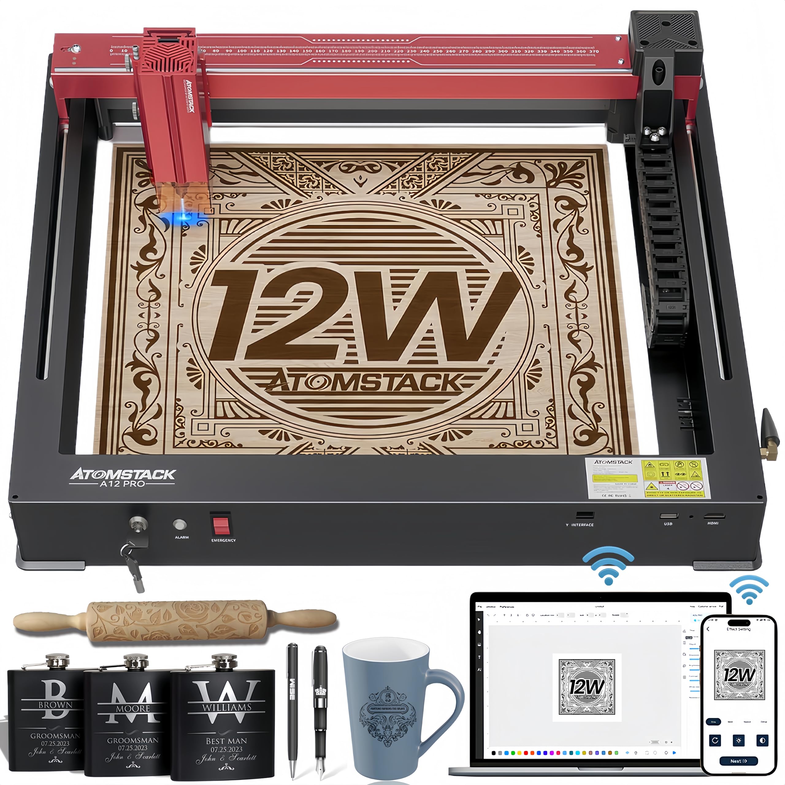 ATOMSTACK A12 Pro X12 Pro Laser Engraving Machine, Unibody Frame Design Installation Free, 12W Output Power Laser Cutter, Ultra-Fine Laser Engraver for Enthusiasts, Home & Office Personalized DIY