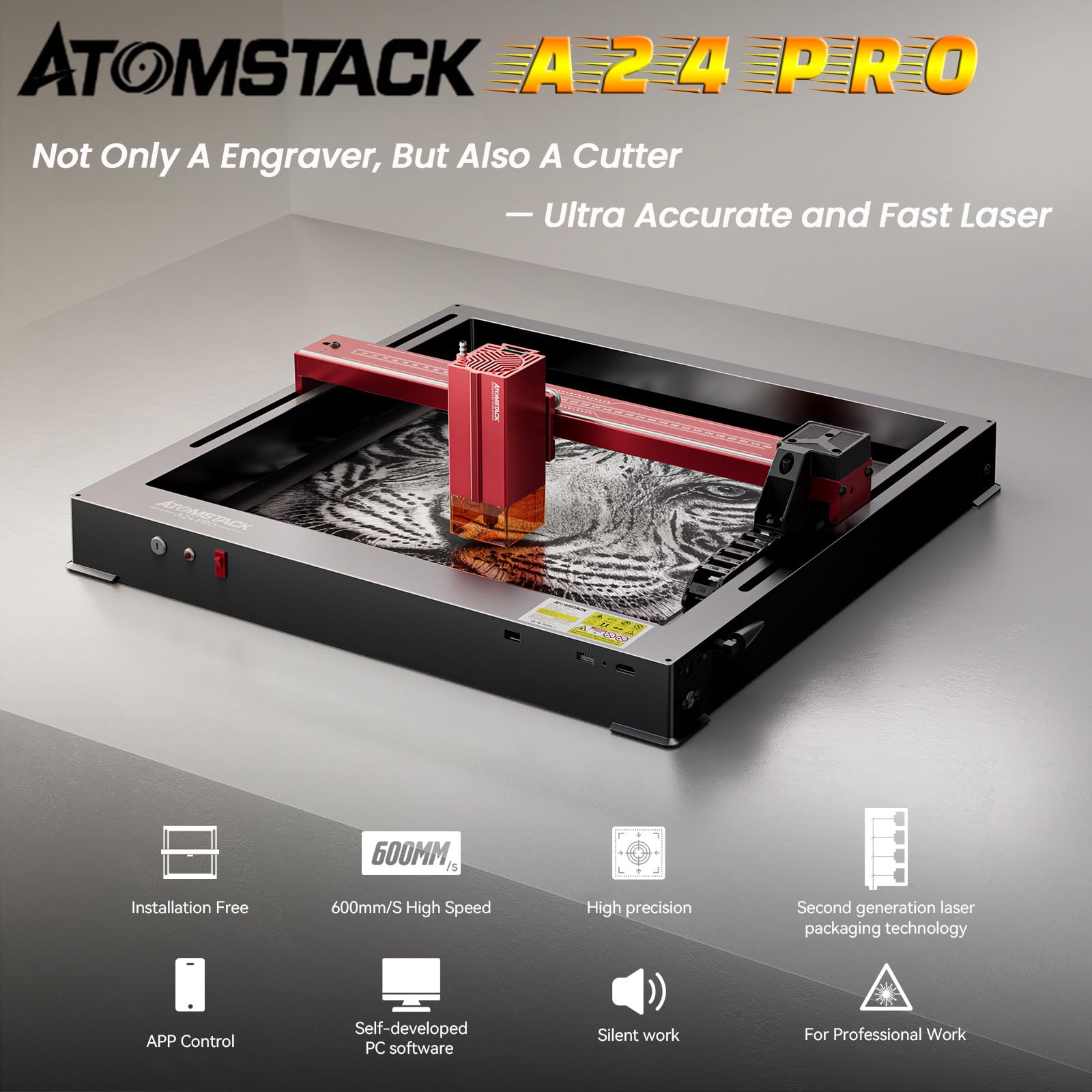 ATOMSTACK A24 Pro X24 Pro Laser Engraving Machine, Unibody Frame Design Installation Free, 24W Output Power Laser Cutter, Ultra-Fine Laser Engraver for Professionals, Home & Office Personalized DIY