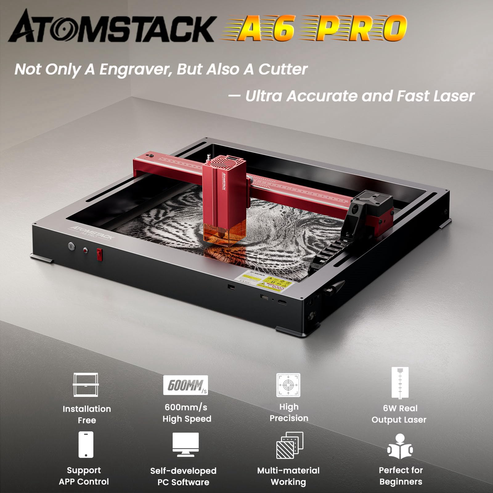 ATOMSTACK A6 Pro Laser Engraving Machine, Unibody Frame Design Installation Free, 6W Output Power Laser Cutter, Ultra-Fine Laser Engraver for Beginners, Home & Office Personalized DIY