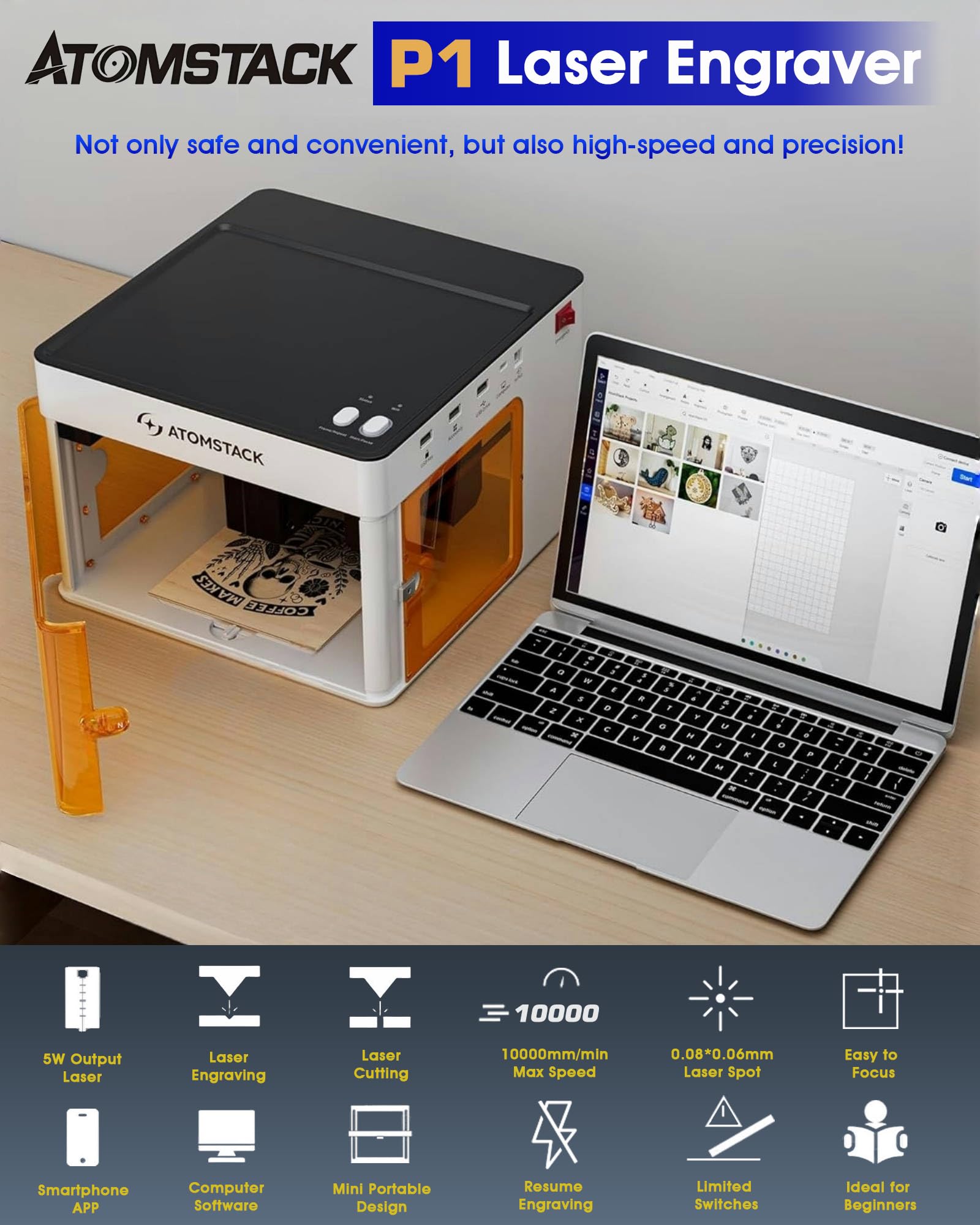 ATOMSTACK P1 Enclosed Laser Engraver For Beginners Mini Portable Cutting Machine 5000mW Laser Class 1 New CoreXY Dual-Motor Drive 10000mm/min