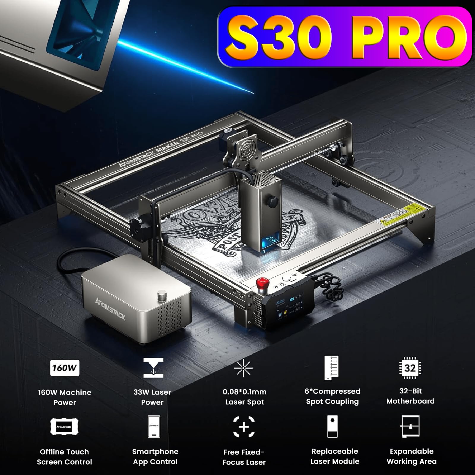ATOMSTACK S30 Pro A30 PRO X30 PRO 160W Laser Engraving Machine with Air Assist Kits, 33W Output Professional Laser Cutting Machine, Business Marking Machine, Ultra-fine Carving and Faster Cutting, Best Gifts for Him