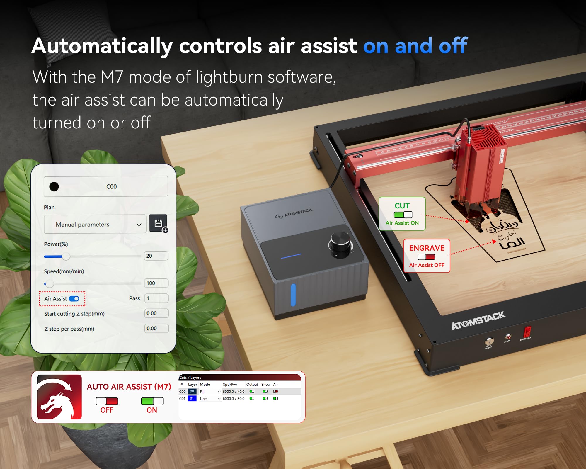 ATOMSTACK F80 Air Assist 10-60 L/min Laser Air Support Pump for Laser Cutters Airflow Engraver Faster and Deeper Cutting Lower Noise Lower Vibration
