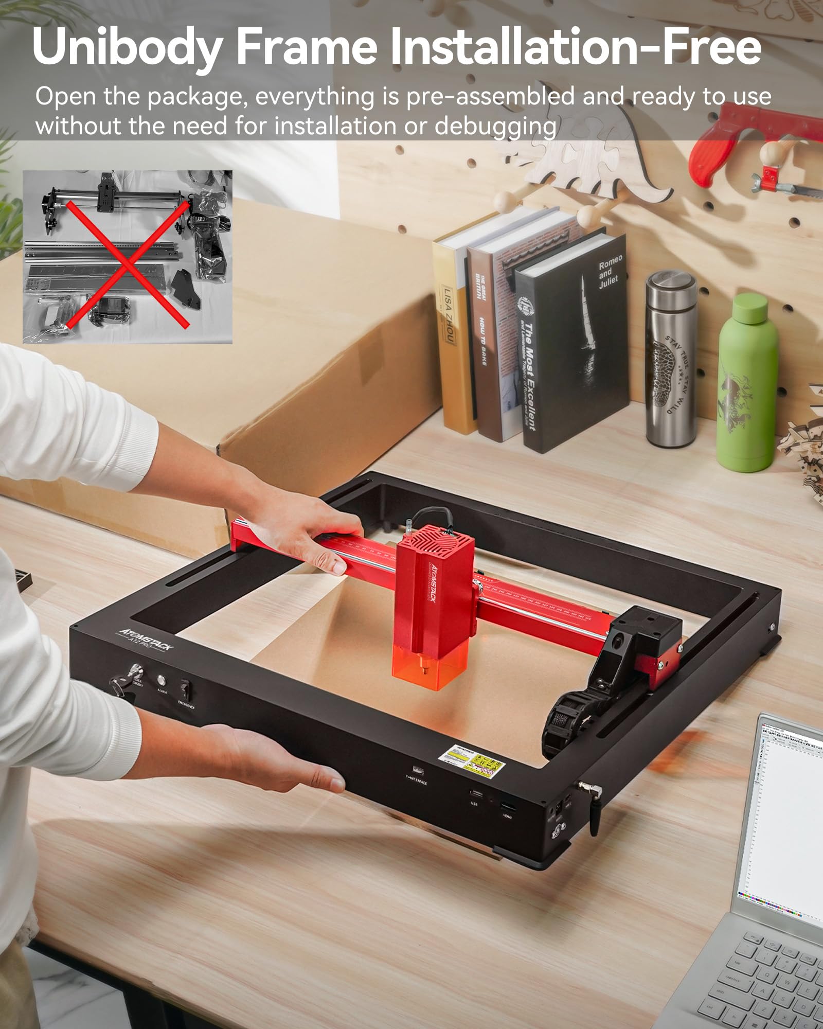AtomStack A24 X24 Pro 120W All-In-One 2nd Generation Laser Engraving Cutting Machine Optical Power 24W Unibody Frame No Assembly Required Laser Engraver