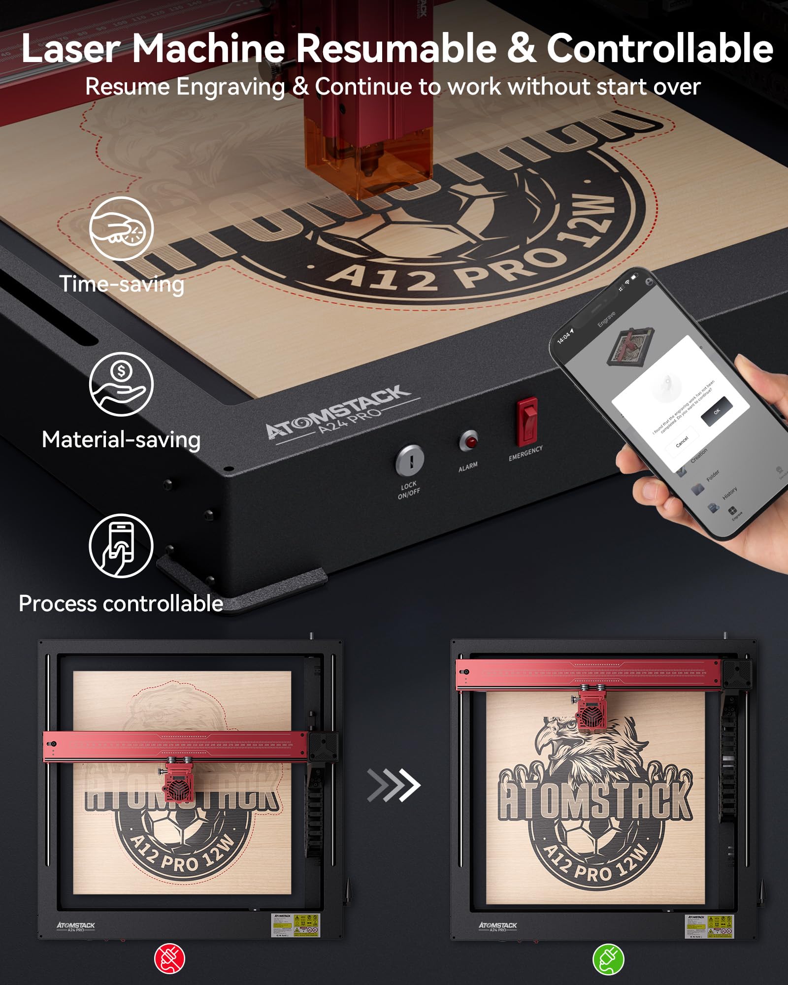 AtomStack A24 X24 Pro 120W All-In-One 2nd Generation Laser Engraving Cutting Machine Optical Power 24W Unibody Frame No Assembly Required Laser Engraver