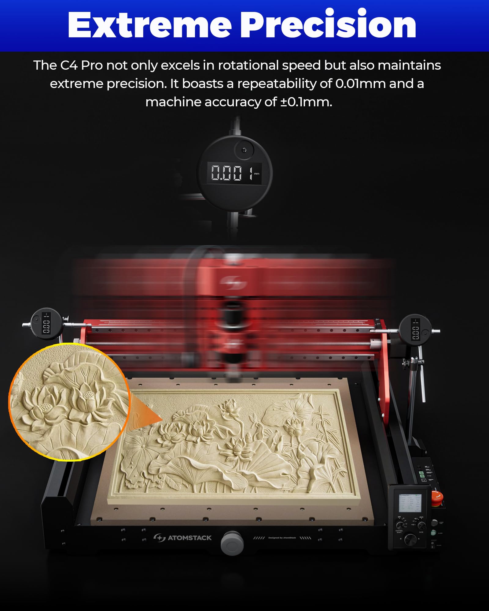 ATOMSTACK C4 Pro 4-Axis CNC Router Machine, 200W Spindle, Desktop Cutting and Milling Machine, Offline Control, 420×420mm Working Area, Relief Engraving for Wood, Plastic, Aluminum, Brass, PCB