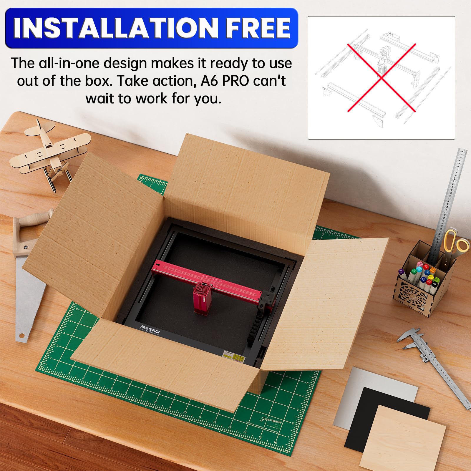 ATOMSTACK A6 Pro Laser Engraving Machine, Unibody Frame Design Installation Free, 6W Output Power Laser Cutter, Ultra-Fine Laser Engraver for Beginners, Home & Office Personalized DIY