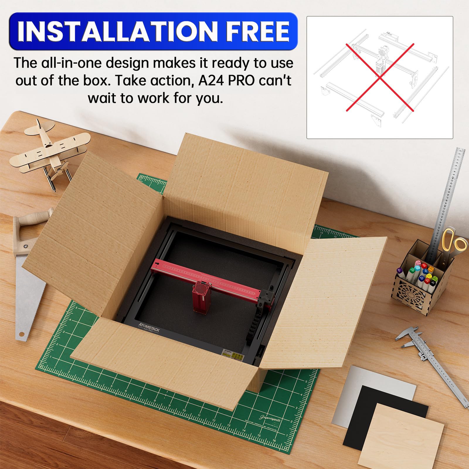 ATOMSTACK A24 Pro X24 Pro Laser Engraving Machine, Unibody Frame Design Installation Free, 24W Output Power Laser Cutter, Ultra-Fine Laser Engraver for Professionals, Home & Office Personalized DIY
