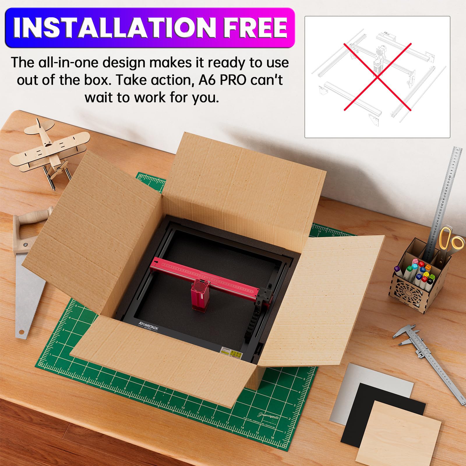 ATOMSTACK A6 Pro Laser Engraver for Beginners, Unibody Frame No Assembly Required, 6W Output Power Laser Engraving and Cutting Machine, Higher Accuracy Laser Cutter for Wood, Acrylic, Leather, etc.