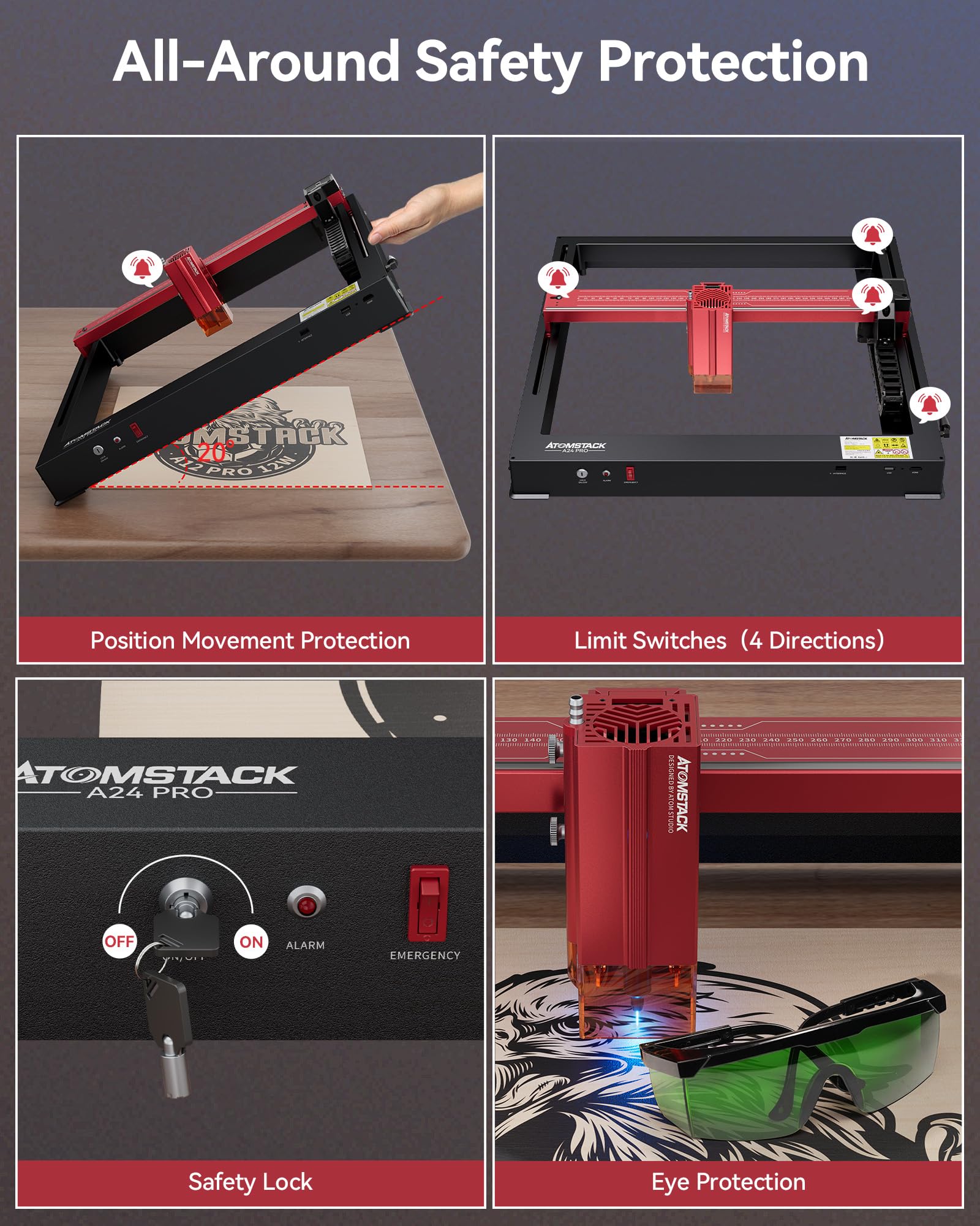 AtomStack A24 X24 Pro 120W All-In-One 2nd Generation Laser Engraving Cutting Machine Optical Power 24W Unibody Frame No Assembly Required Laser Engraver