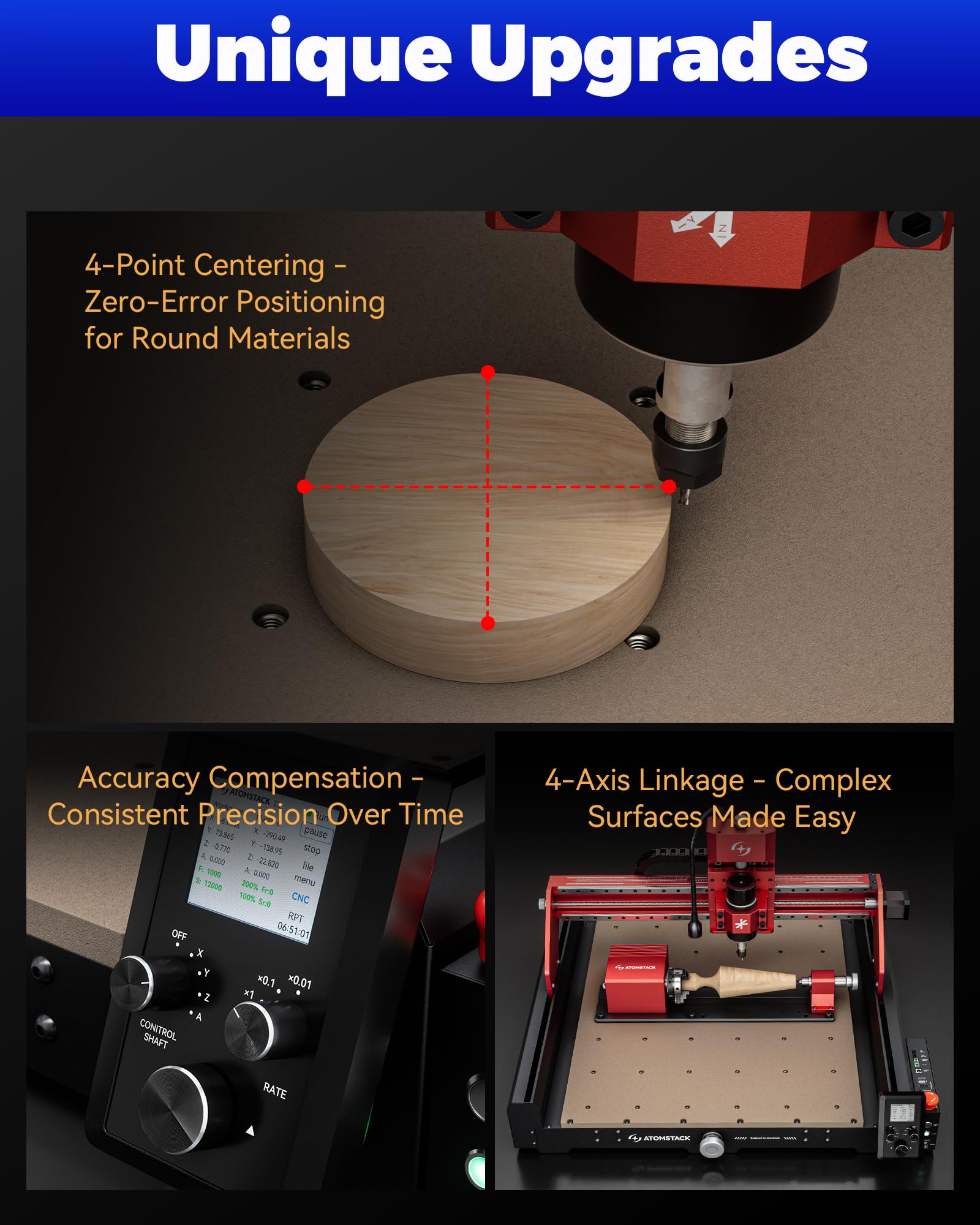 ATOMSTACK C4 Pro 4-Axis CNC Router Machine, 200W Spindle, Desktop Cutting and Milling Machine, Offline Control, 420×420mm Working Area, Relief Engraving for Wood, Plastic, Aluminum, Brass, PCB