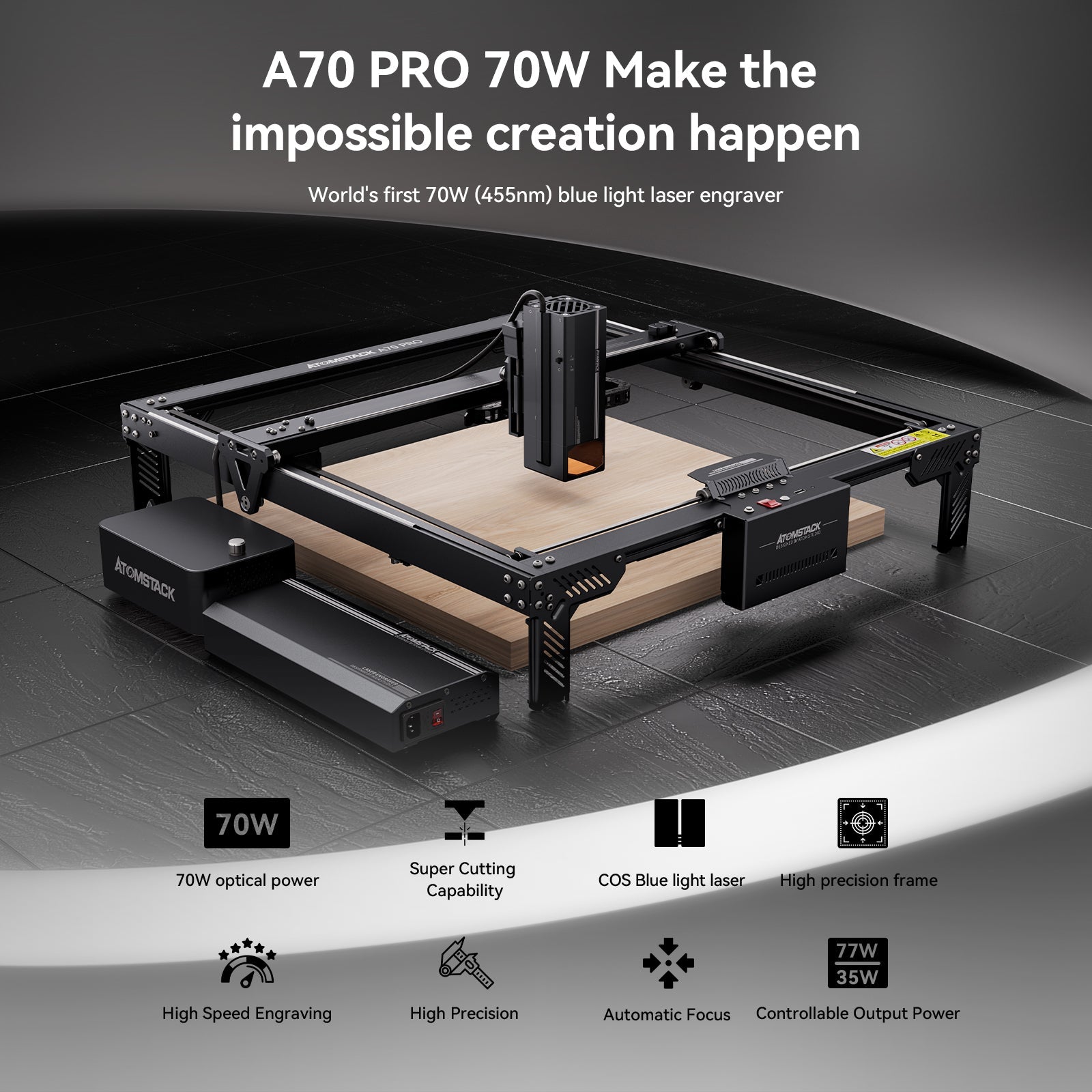 Atomstack A70 Pro X70 PRO 360W Autofocus Laser Engraving Cutter With 60 L/min Air Support 35 W Engraving 70 W Cutting Dual Mode 0.01 mm Precision Flame Alarm Intelligent Cooling CNC Laser Engraver For Wood, Metal,Plastic, Acrylic, Leather, Rubber