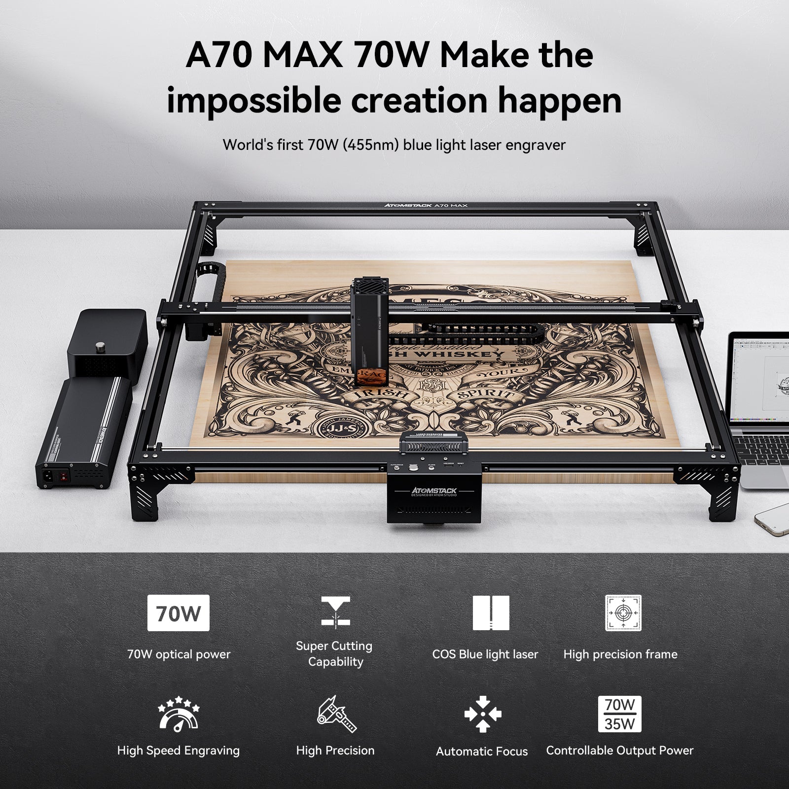 ATOMSTACK A70 MAX 70W Desktop Diode Laser Engraver Auto Focus Metal Acrylic Wood Cutting Engraving Machine 850*800mm Large Area