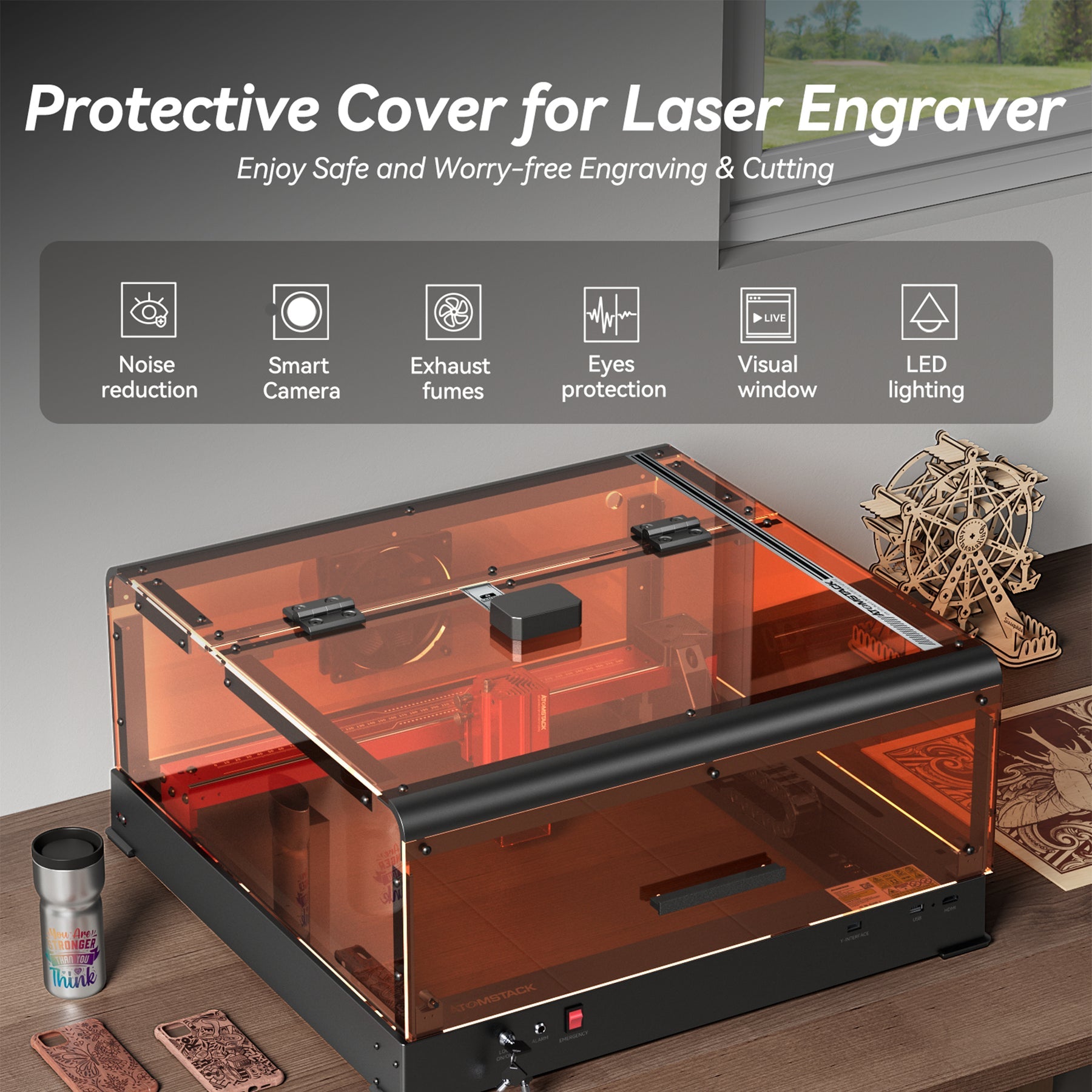 ATOMSTACK B3 Laser Engraver Protective Box With Intelligent Camera, LED Lighting, Exhaust Fan, Laser Housing for A6 PRO/A12 PRO/A24 PRO Laser Engraving Machine, Safe Dustproof Cover