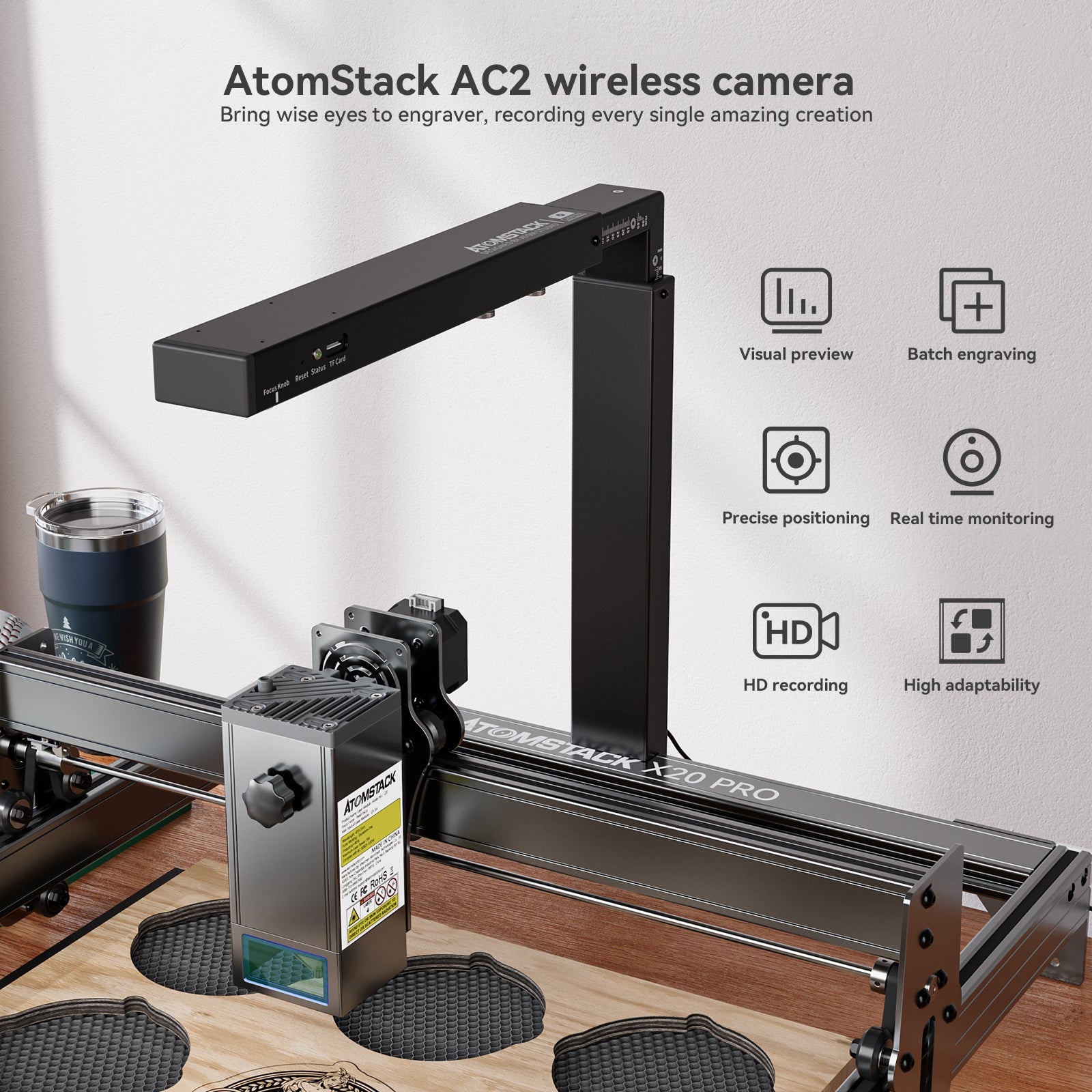 ATOMSTACK AC2 LightBurn Camera For Laser Engraving Machines 1080P HD Video Visual Preview WiFi Connection Real-Time Remote Monitoring Precise Positioning 32GB Memory Card