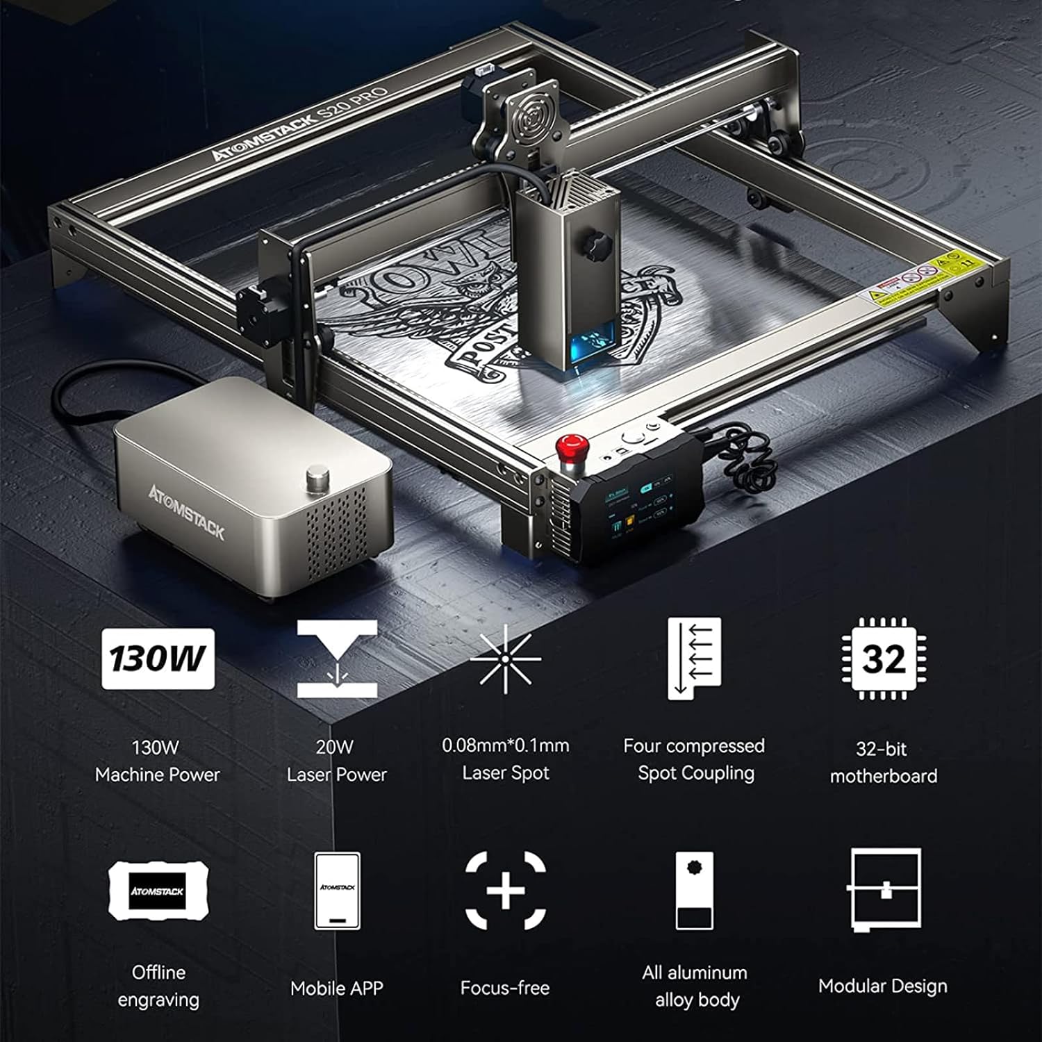 ATOMSTACK S20 PRO A20 PRO X20 PRO Laser Engraver With Air Assist Kits, 130W Laser Engraving Cutting Machine, 20W Optical Power 0.08 * 0.1mm Compressed Spot Laser Cutter For Metal,Phone APP Touch Screen Offline Engraving