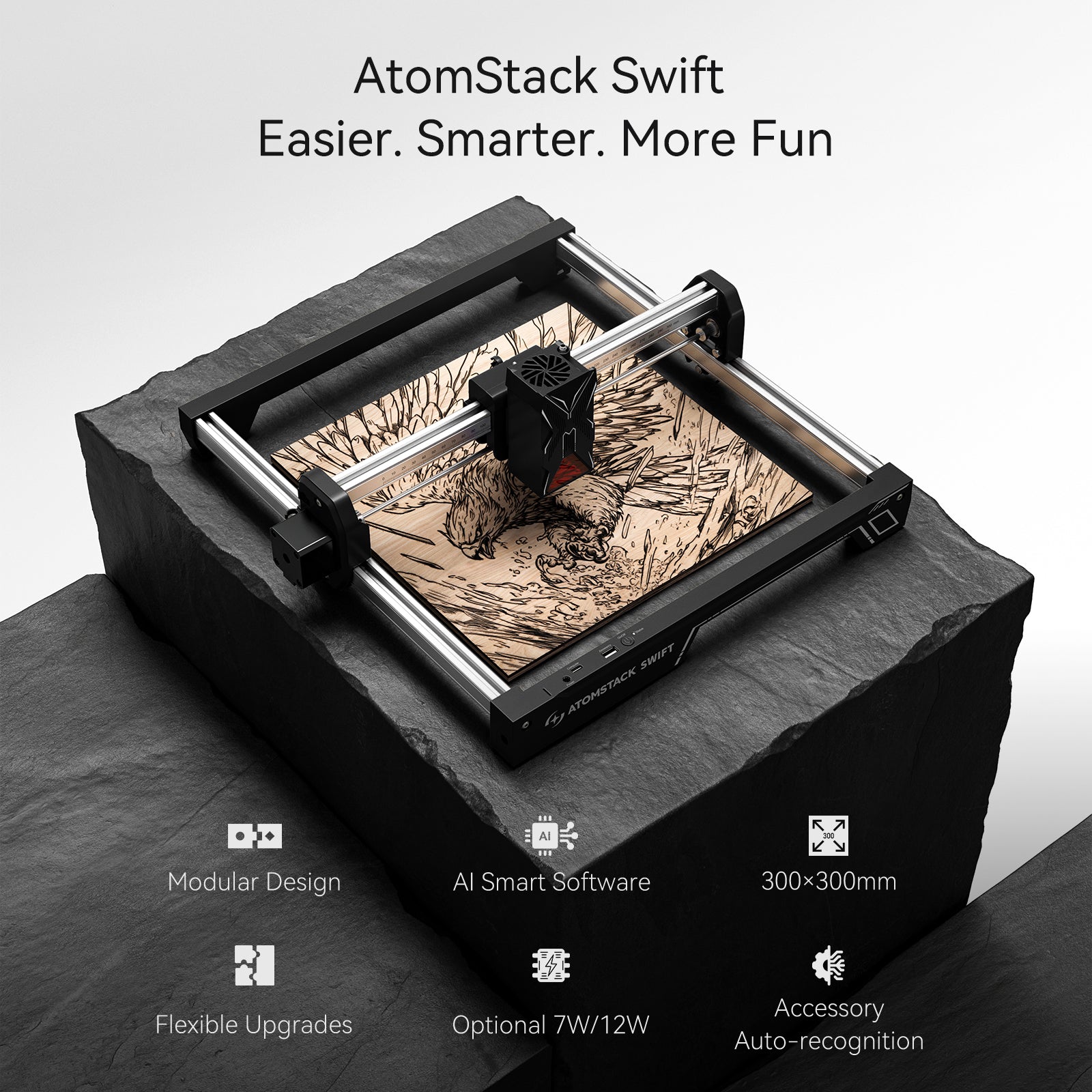 AtomStack Swift Mini 7W 12W Laser Engraver Portable 300x300mm10000mm/min DIY Gifts for Wood and Metal Dark Acrylic Glass Metal