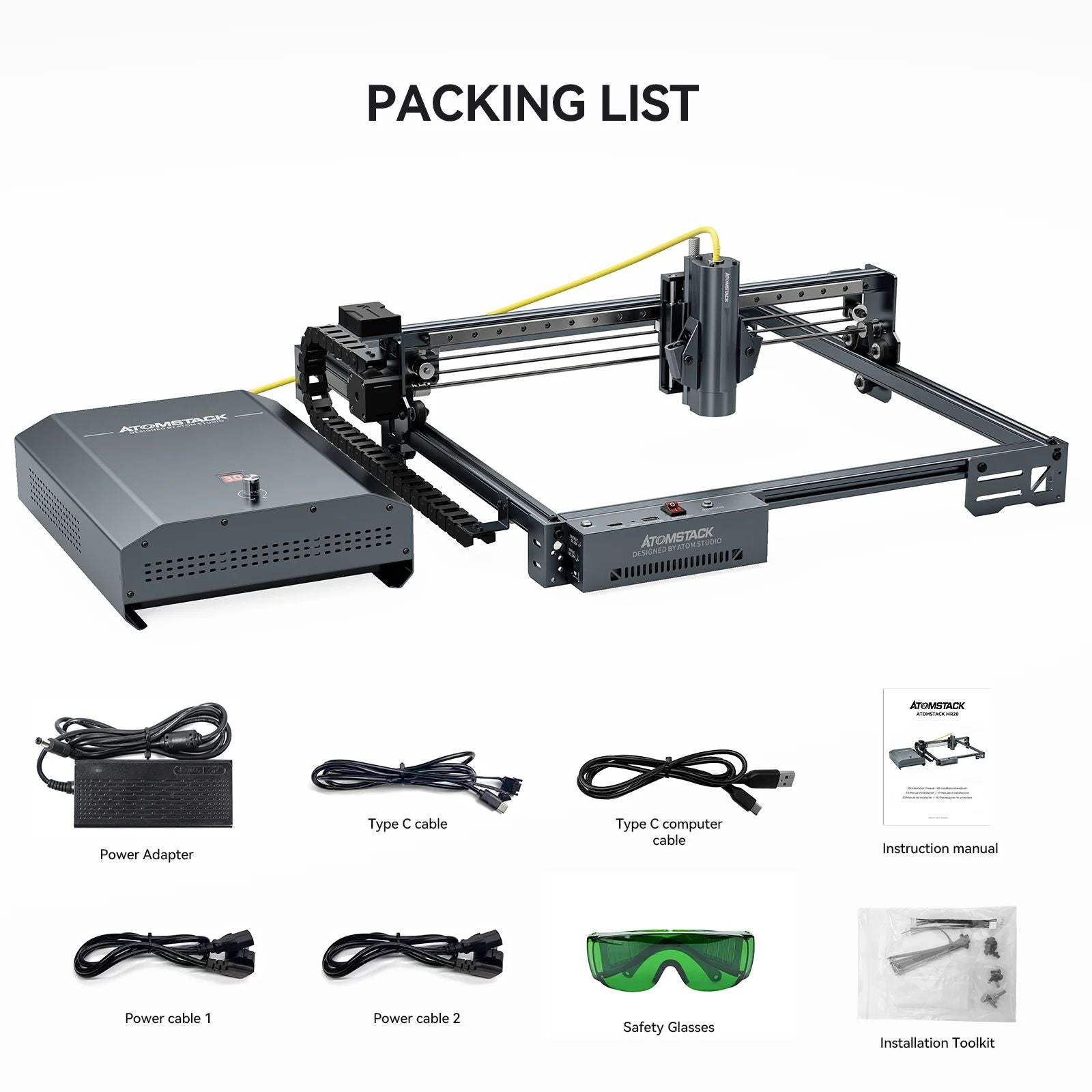 AtomStack A20 Pro 1064nm Infrared Laser Maker 20W Fiber Deep Laser Marking Engraving Machine Metal Cutting Rust Removal 40x40cm