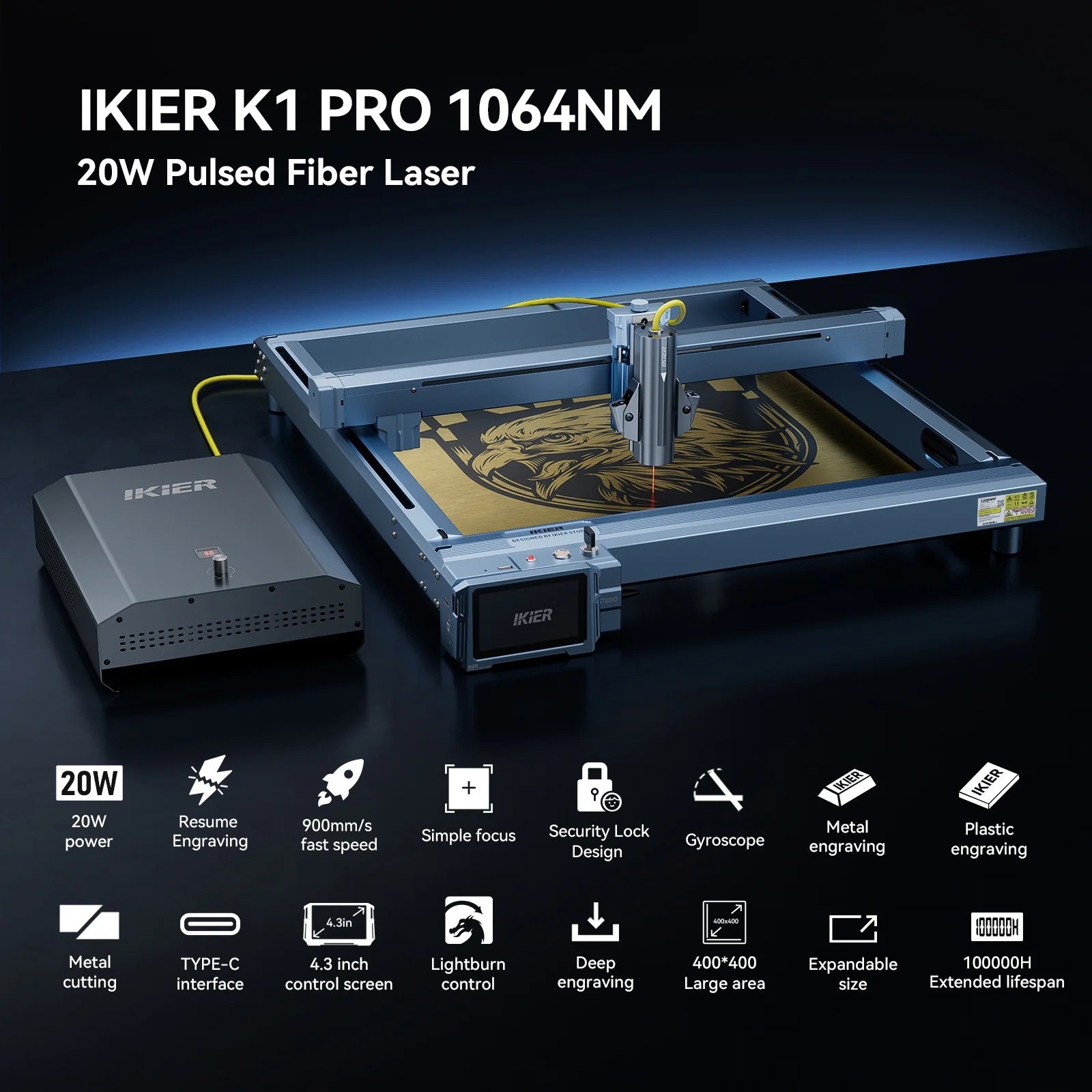 iKier K1 Pro 1064nm 20W Fiber Laser Marking and Engraving Machine Laser Engraver Cutter with 4.3 Inch Touch Screen 900m/s Engraving Speed for Metal Wood Leather