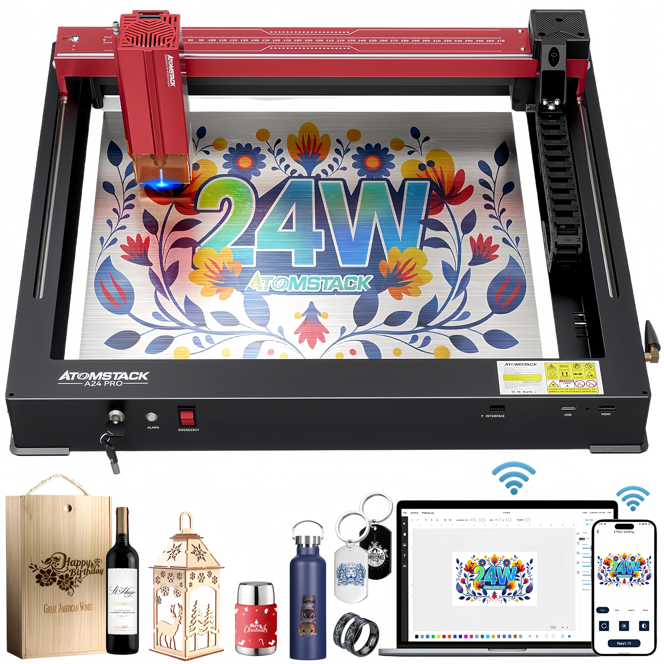 ATOMSTACK A24 Pro X24 Pro Laser Engraving Machine, Unibody Frame Design Installation Free, 24W Output Power Laser Cutter, Ultra-Fine Laser Engraver for Professionals, Home & Office Personalized DIY
