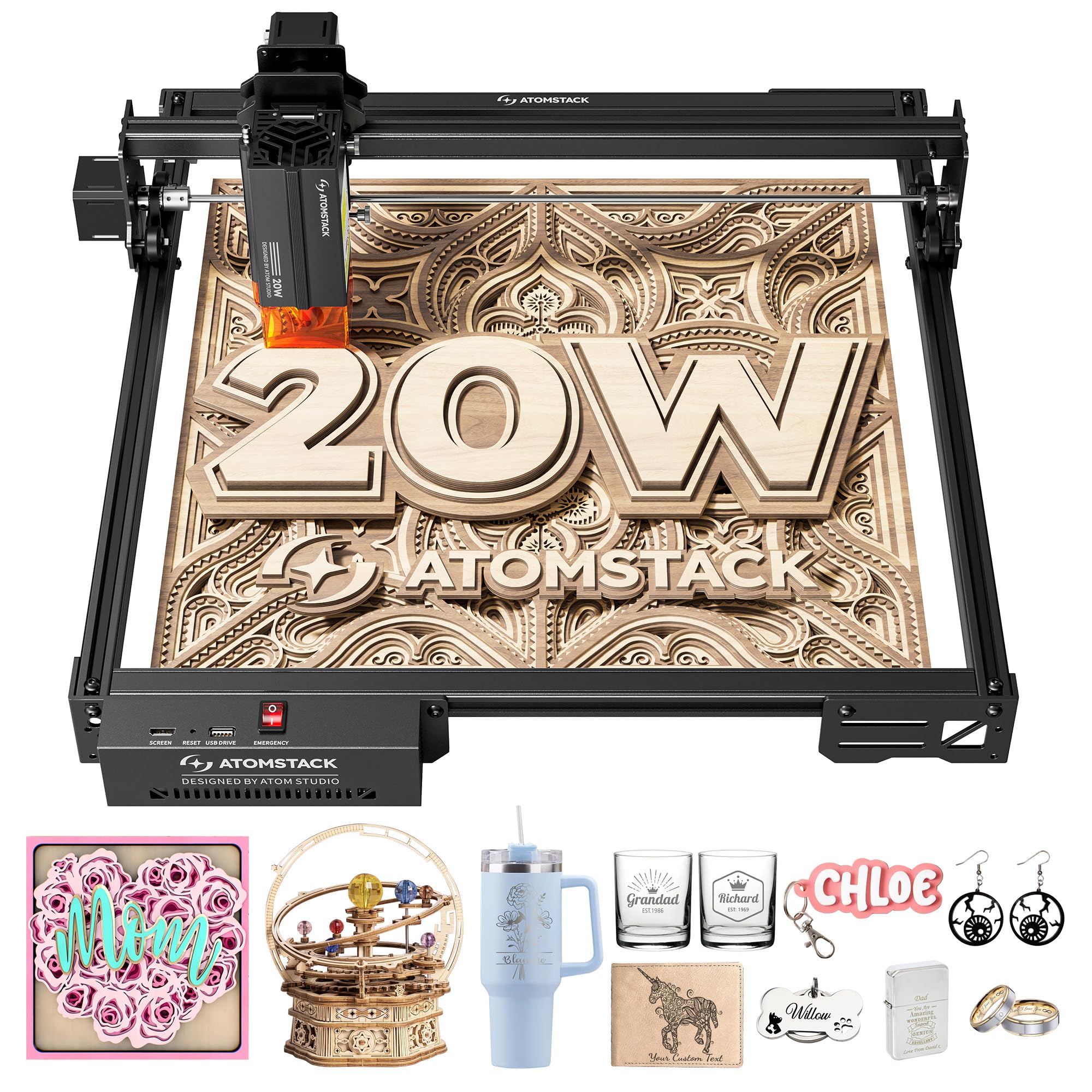 ATOMSTACK 20W Laser Engraver, A20 PRO V2 Laser Cutter, High Accuracy Laser Engraving Machine for Personalized Gifts, Business Cards, Wood, Metal, Acrylic, Leather