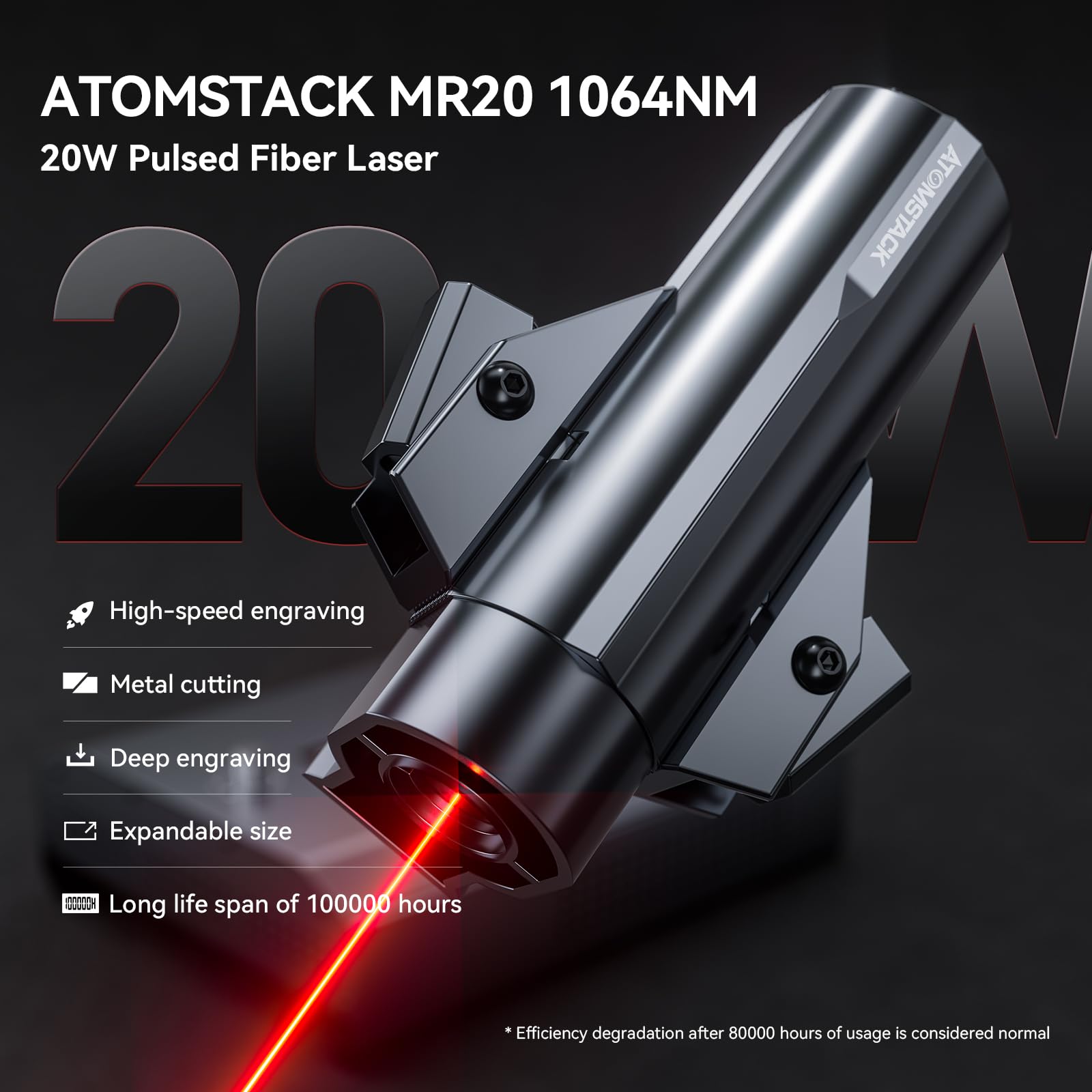 ATOMSTACK MR20 Infrared Laser Module 20W Fiber Laser Power 1064nm Fiber Laser Engraving Head 0.03x0.06 Point Replacement Part For Carving Metal Slate Planer Stone Glass Marble For A70 A40 A30 A20 A10 X7 S10 X20 X30 X40 PRO Laser Engraving Machine