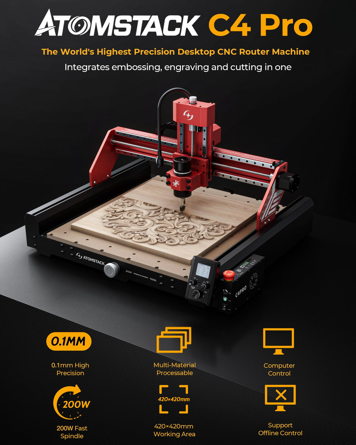 ATOMSTACK C4 Pro 4-Axis CNC Router Machine, 200W Spindle, Desktop Cutt