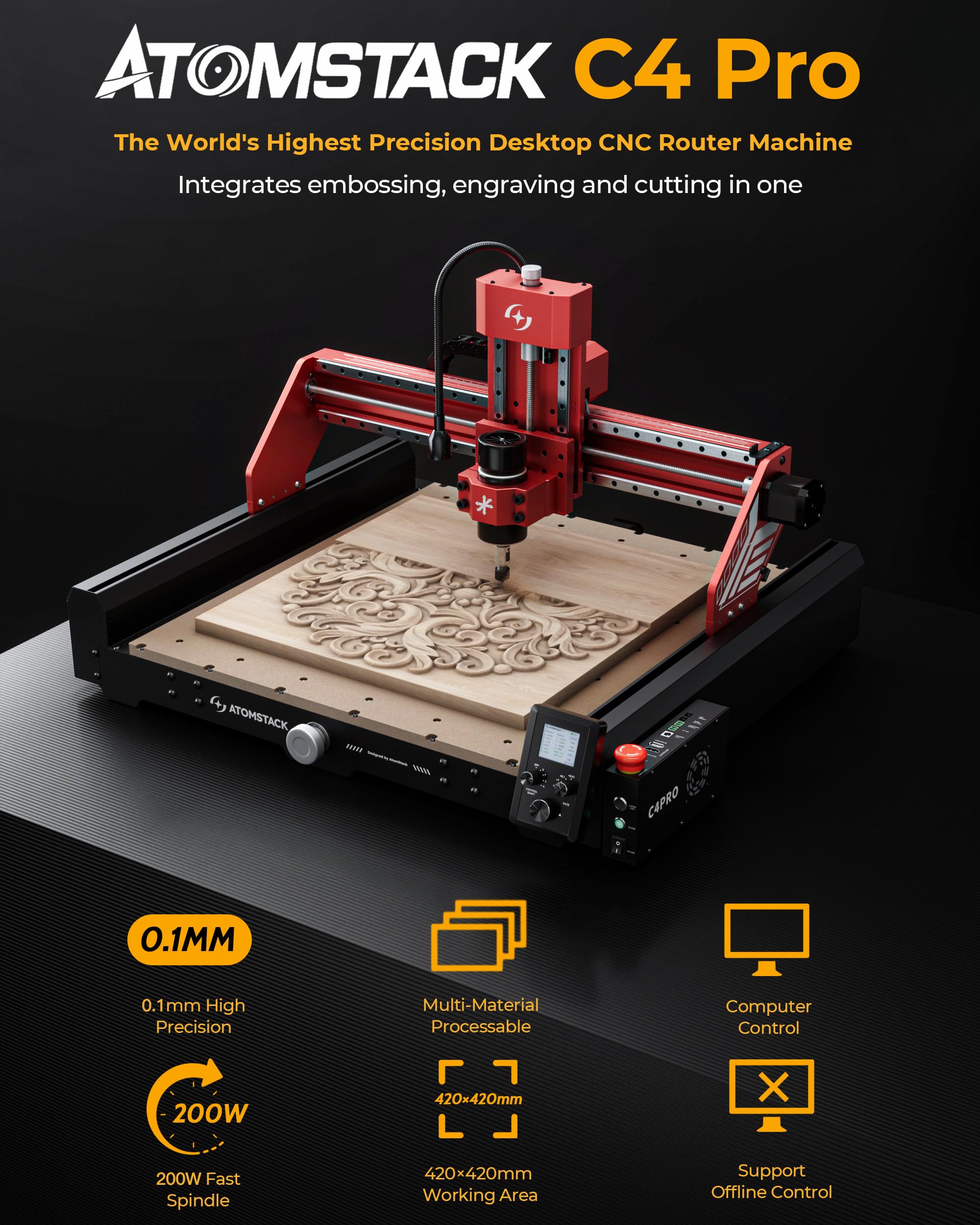 ATOMSTACK C4 Pro 4-Axis CNC Router Machine, 200W Spindle, Desktop Cutting and Milling Machine, Offline Control, 420×420mm Working Area, Relief Engraving for Wood, Plastic, Aluminum, Brass, PCB