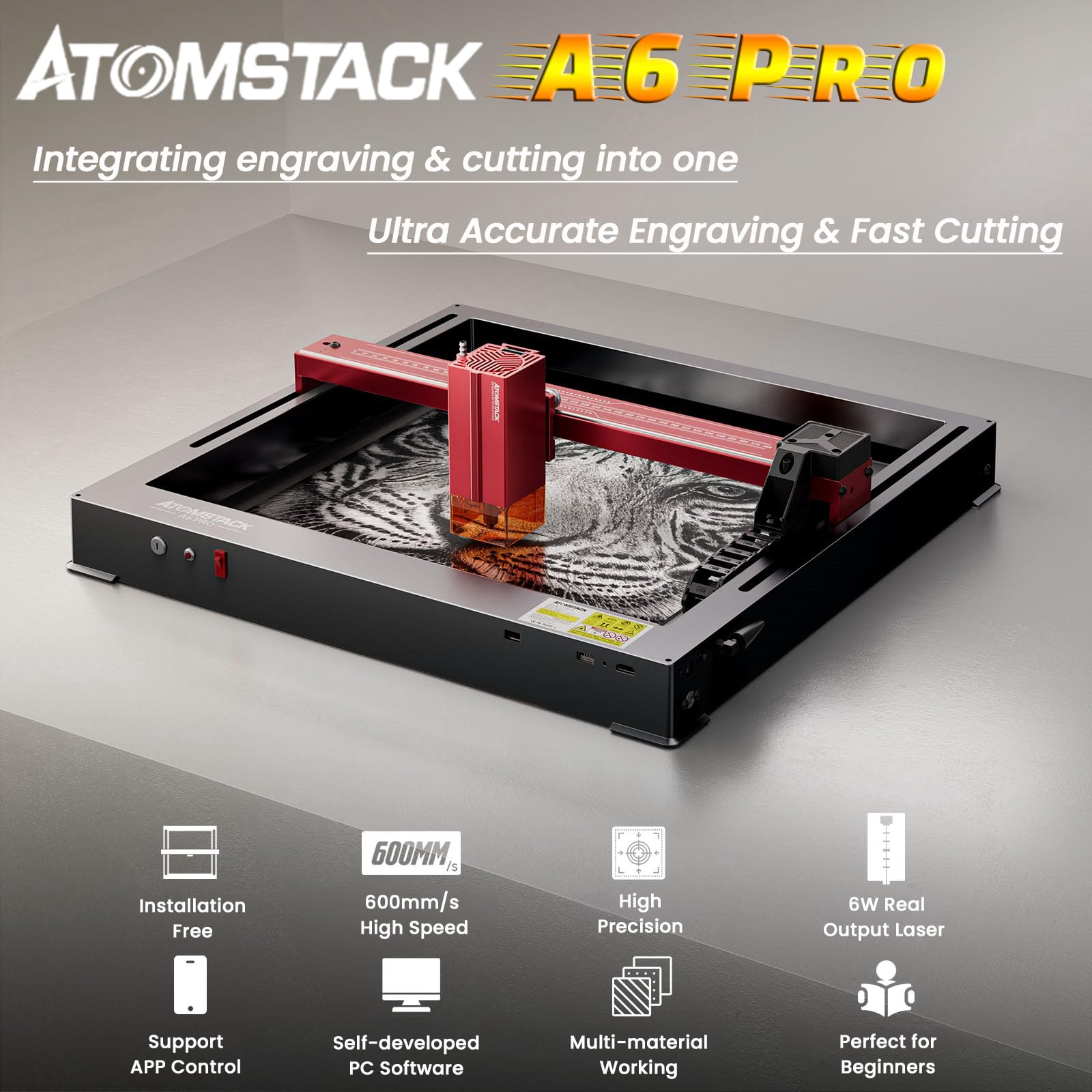 ATOMSTACK A6 Pro Laser Engraver for Beginners, Unibody Frame No Assembly Required, 6W Output Power Laser Engraving and Cutting Machine, Higher Accuracy Laser Cutter for Wood, Acrylic, Leather, etc.