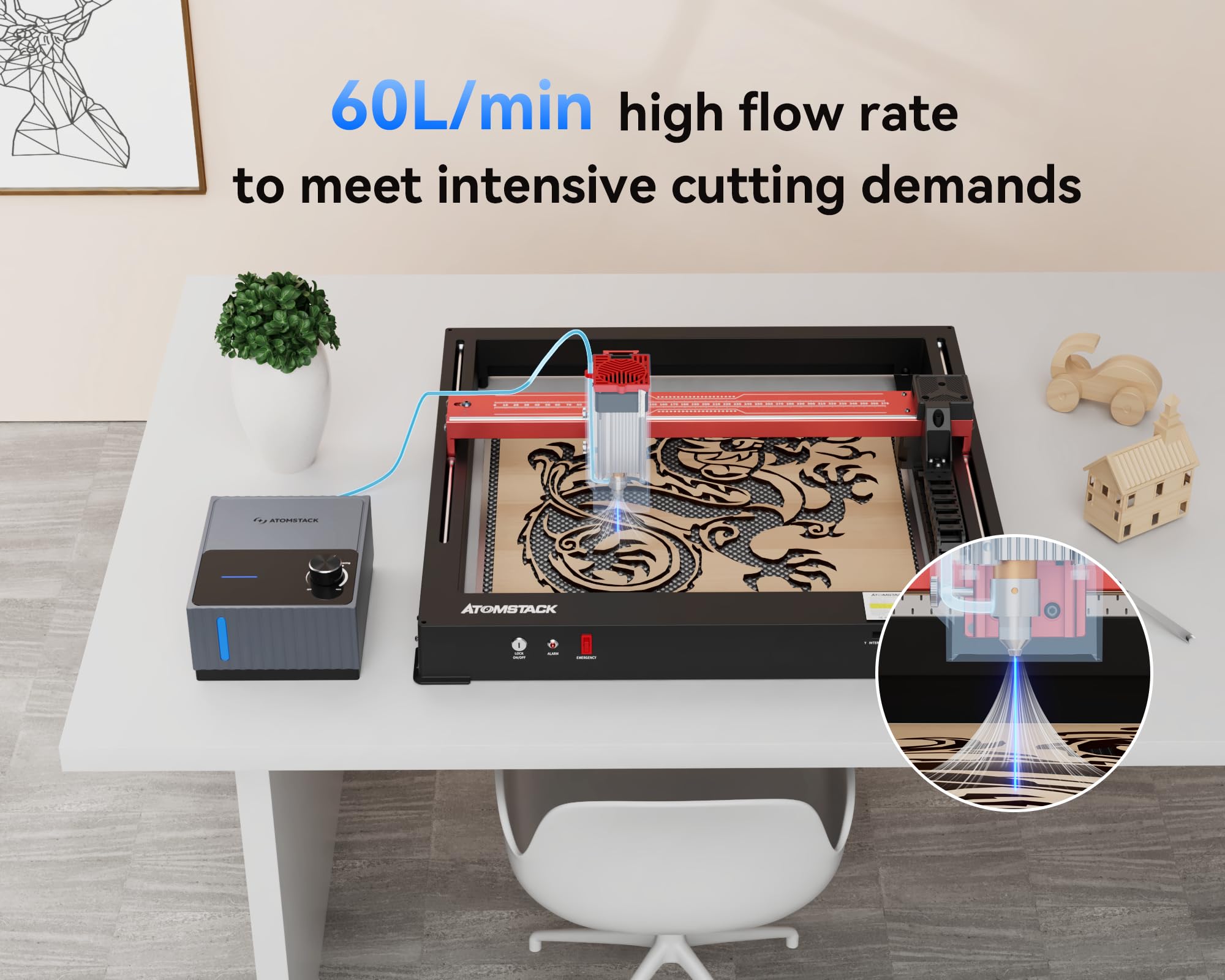 ATOMSTACK F80 Air Assist 10-60 L/min Laser Air Support Pump for Laser Cutters Airflow Engraver Faster and Deeper Cutting Lower Noise Lower Vibration