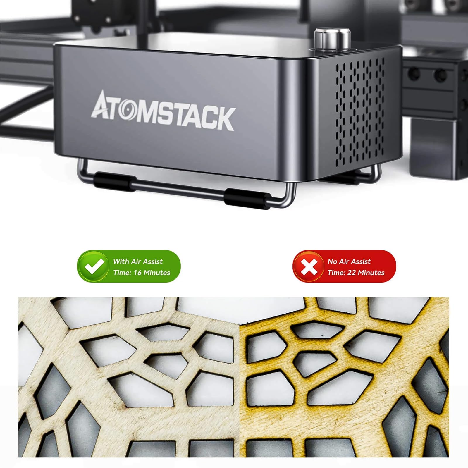 ATOMSTACK F60 Dual Pump Air Assist 10-60L/min, Automatic Switching Cleaner and Smoother Cutting Edge, Air Assist for A6 X6 A12 X12 A24 X24 Pro A20 A30 A40 A70 Series Laser Engraver Cutter
