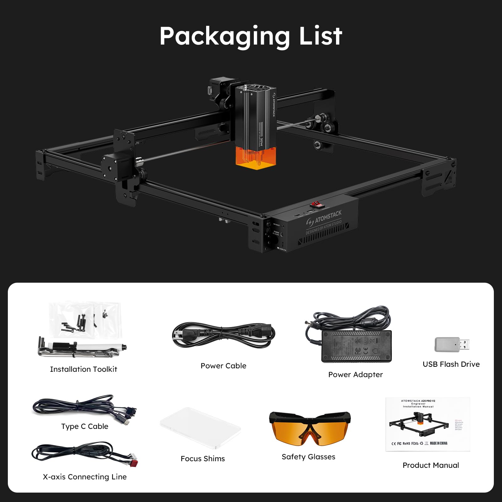 ATOMSTACK 20W Laser Engraver, A20 PRO V2 Laser Cutter, High Accuracy Laser Engraving Machine for Personalized Gifts, Business Cards, Wood, Metal, Acrylic, Leather