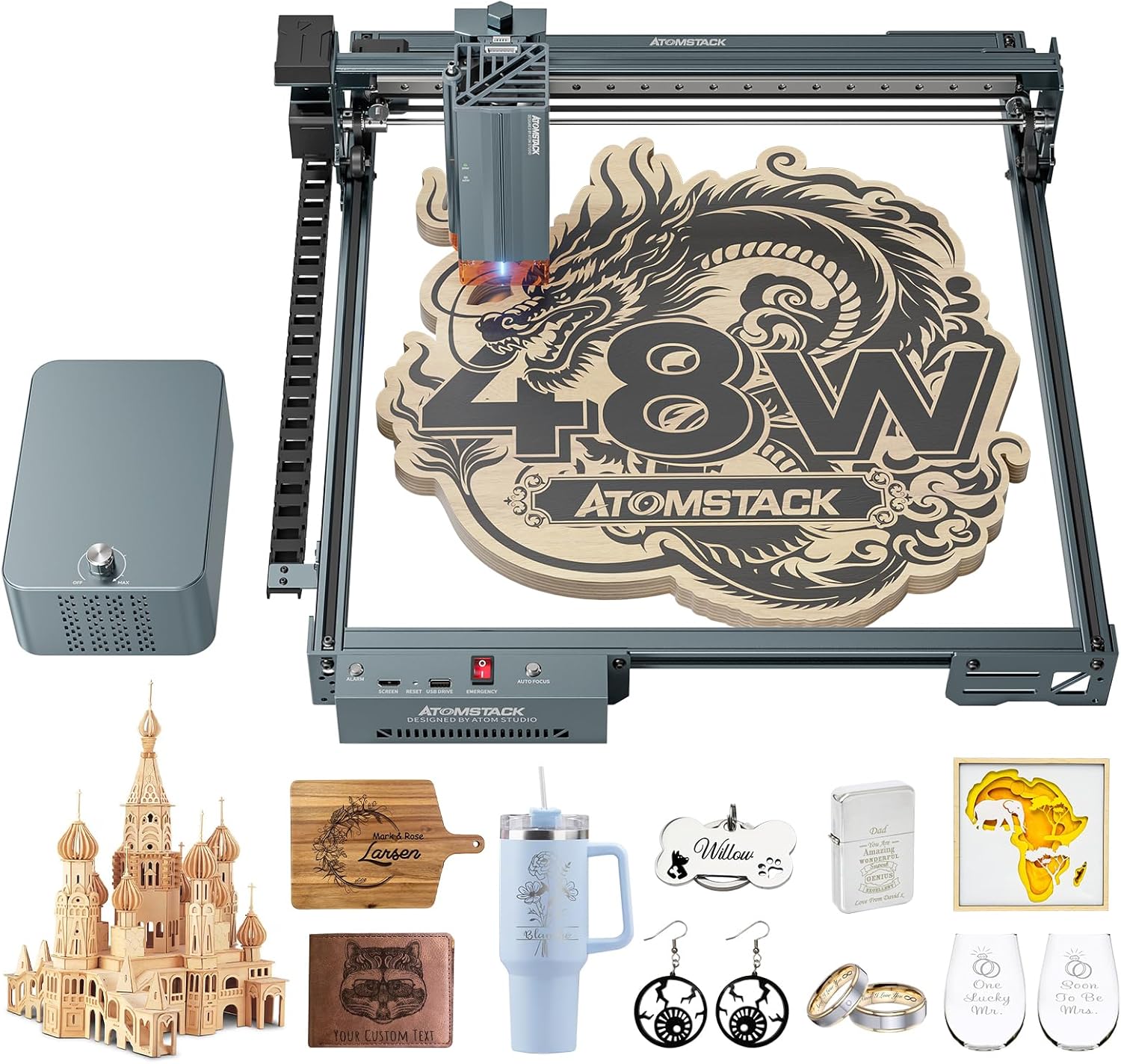 ATOMSTACK 48W Laser Engraver A40 PRO V2 Laser Cutter with Auto Air Assist, Bulk Engraving Cutting High Accuracy Laser Engraving Machine for Wood, Stone, Metal, Acrylic, Leather, Jewelry